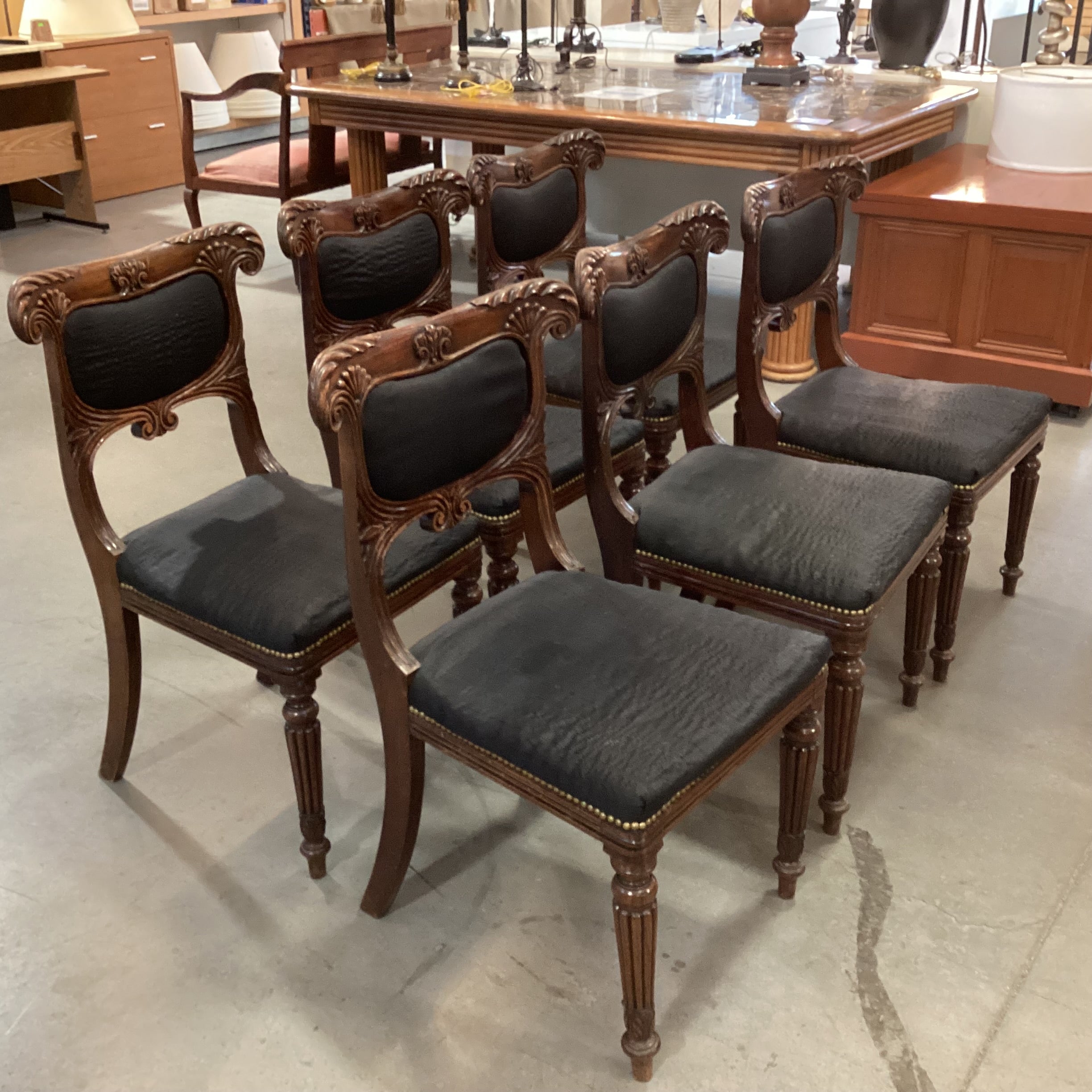 SET of 6 Antique Carved Wood & Black Upholstered Nailhead Dining Chairs 20"x 20"x 33.5"
