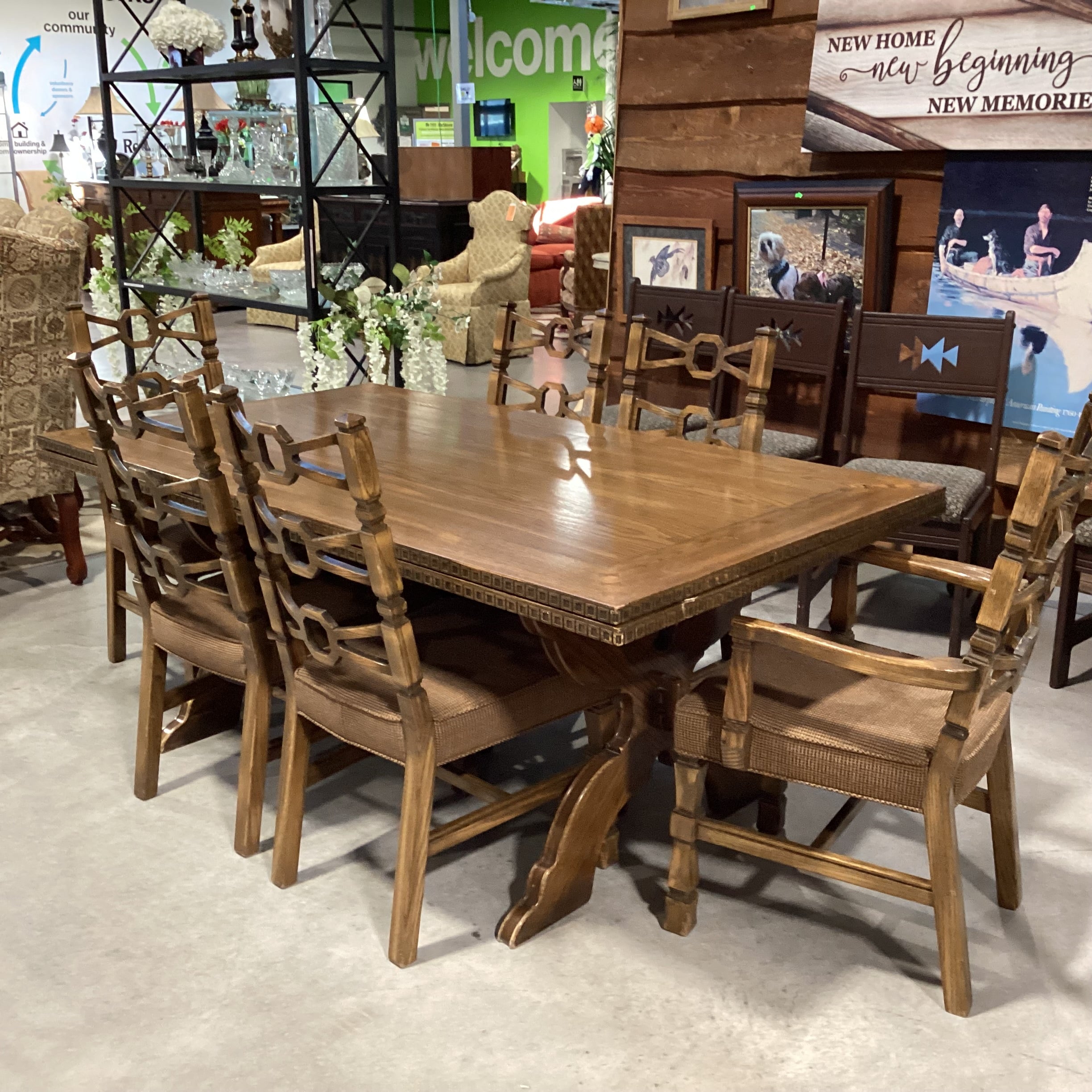 Vintage Antique Carved Oak with Trestle Table & 6 Chairs Dining Set 72"x 40"x 30"