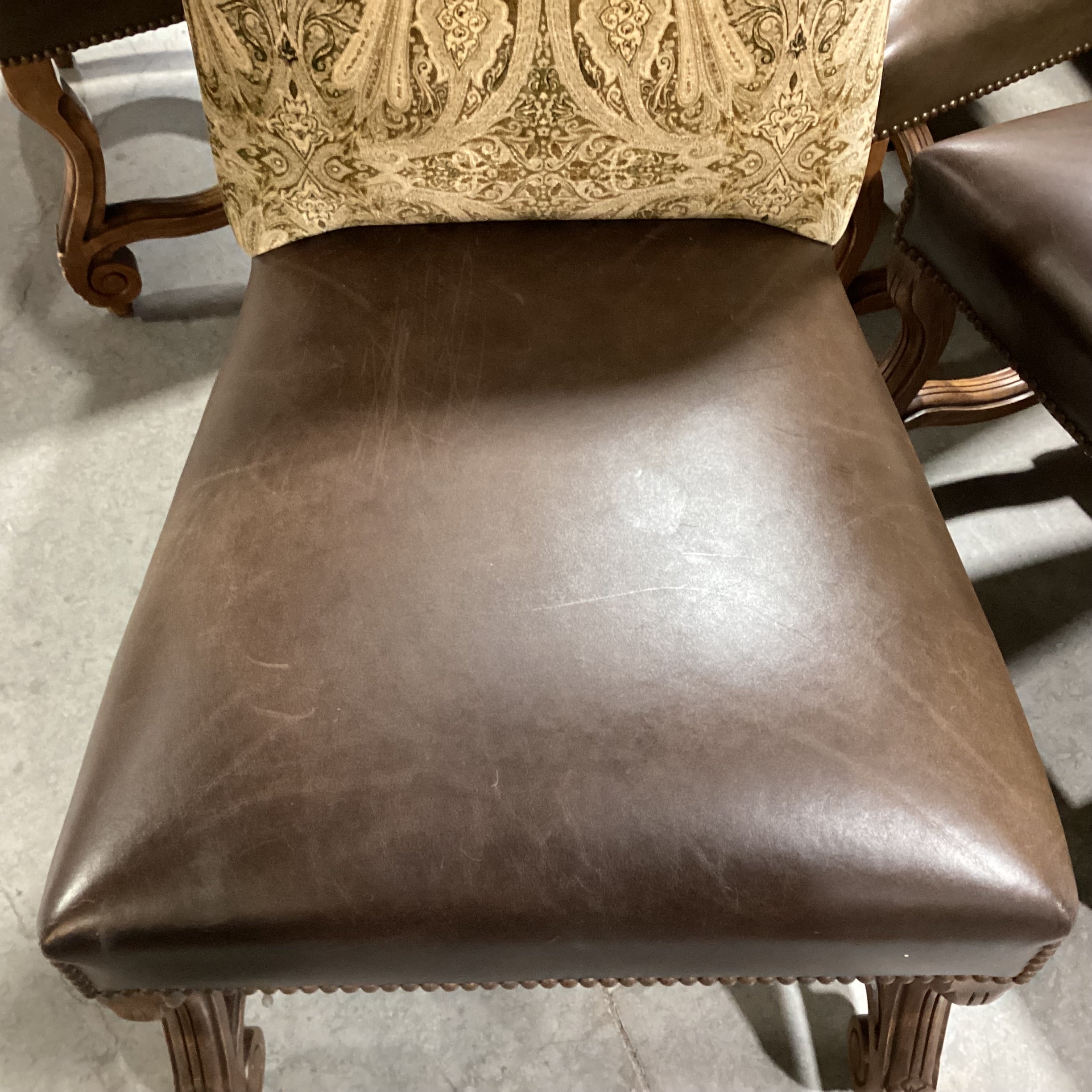 SET of 8 Ornate Carved Wood Leather Nailhead & Paisley Velvet Dining Chairs 22"x 24"x 44.5"