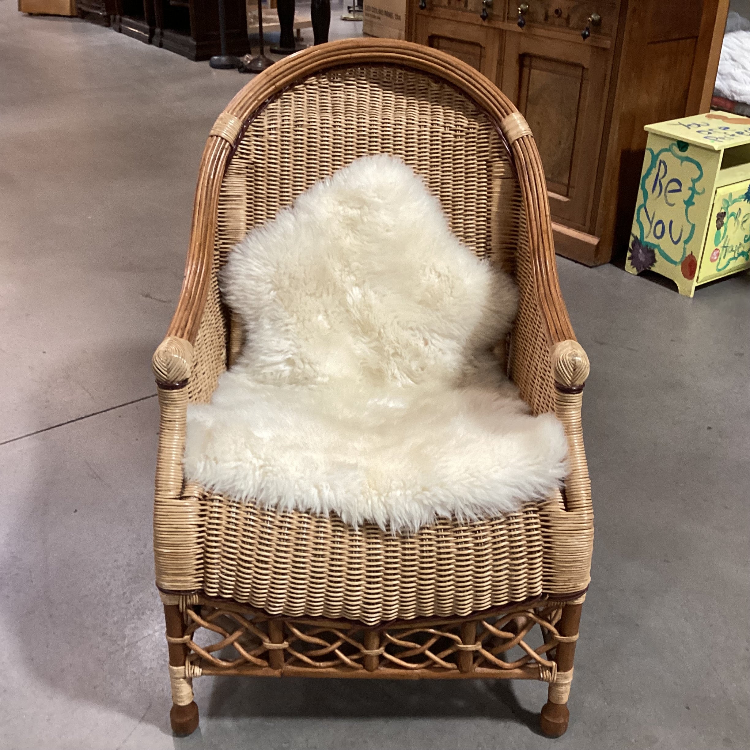 Palecek Wicker with Sheepskin Chair 26"x 36"x 39"