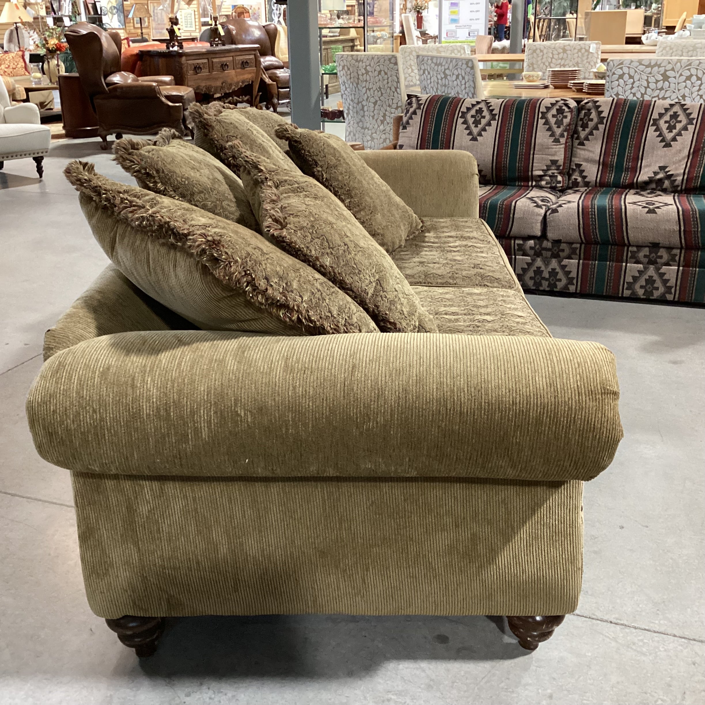 Golden Olive with Reversible Patterned Cushions & Back Pillows Roll Arm Nailhead Sofa 97"x 40"x 30"