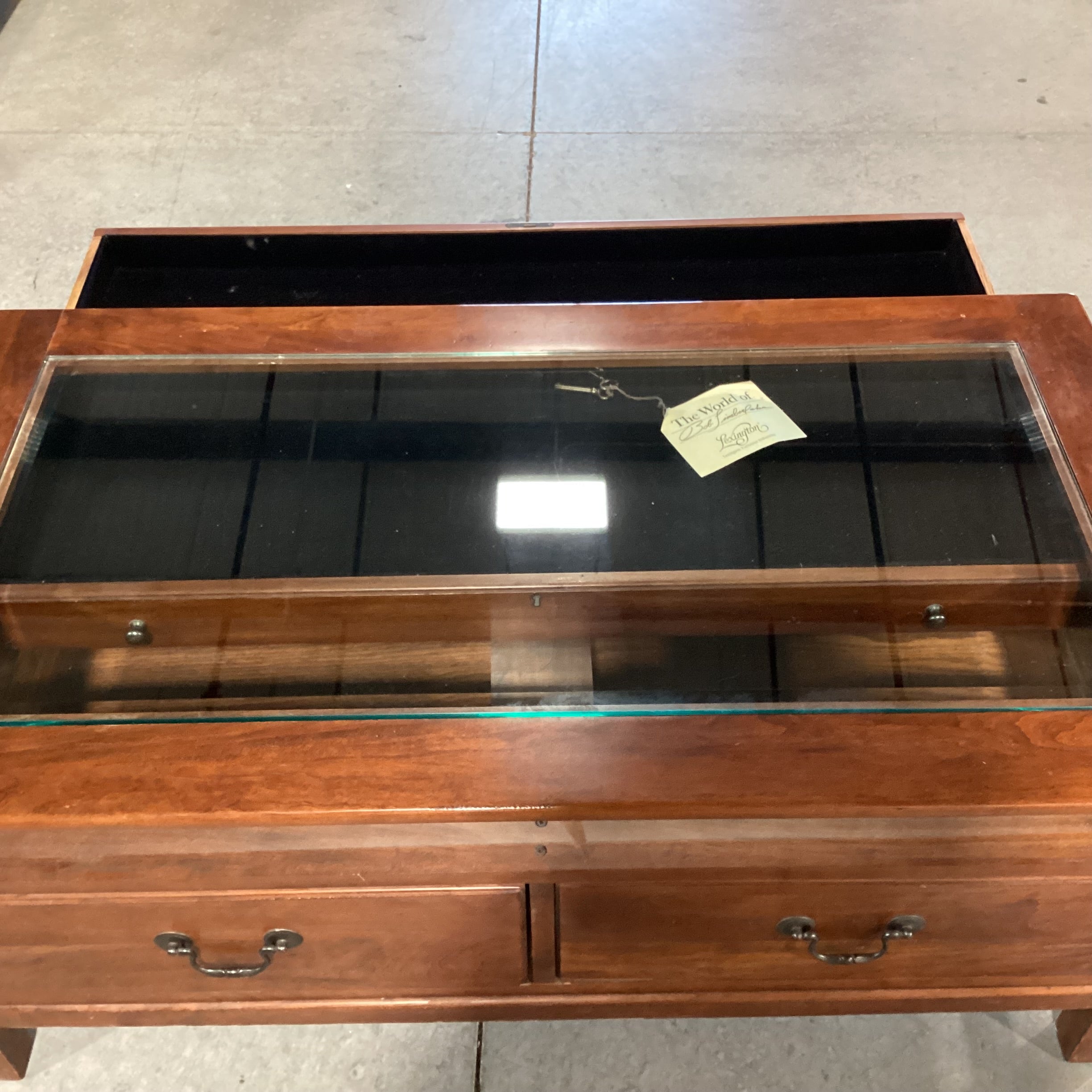 Bob Timberlake for Lexington Finished Wood & Glass Top Double Sided Pull Through Drawers Display Coffee Table 44"x 24"x 19"