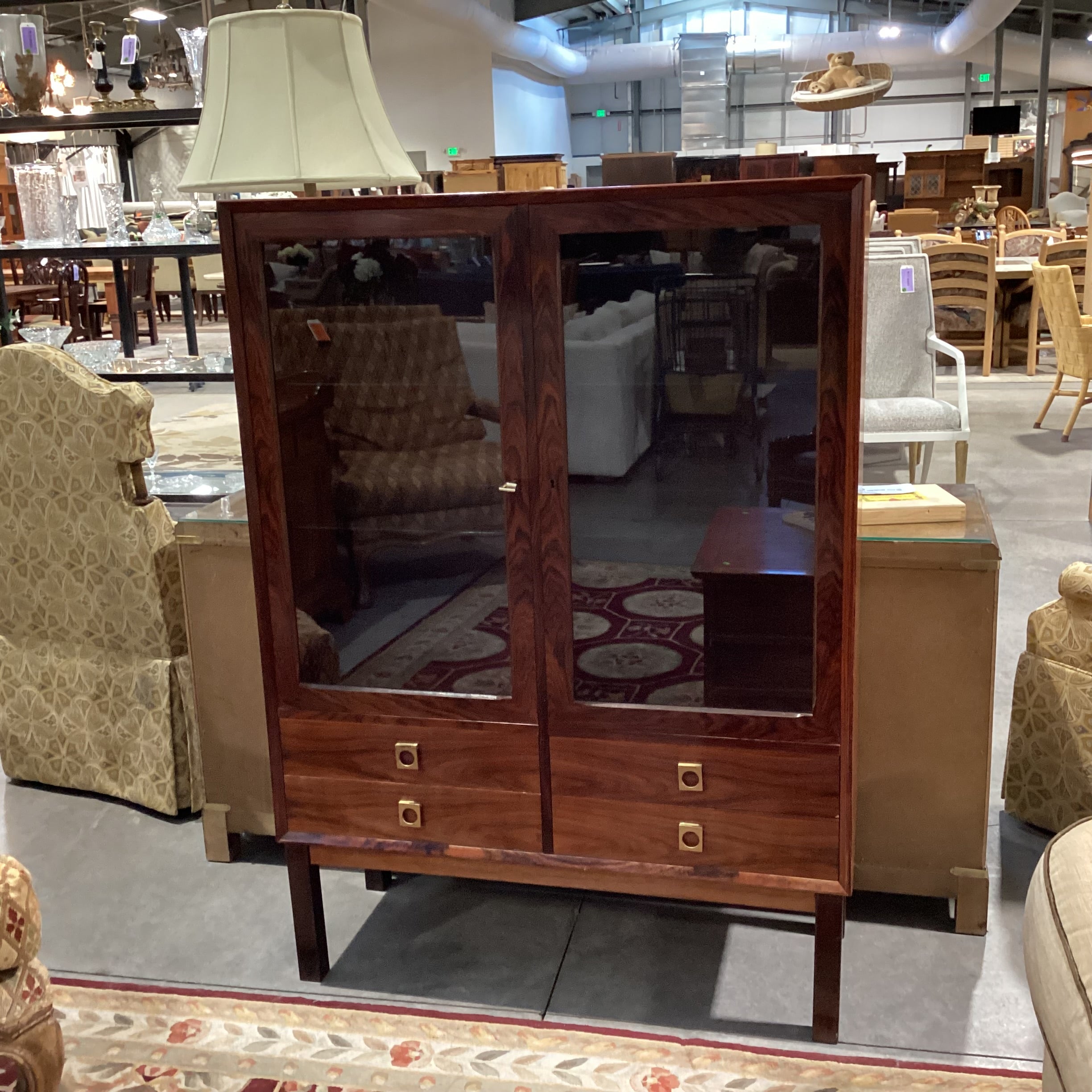 Vintage Danish Mid Century Rosewood & Glass 2 Door with Shelves 4 Drawer Display Cabinet Armoire 39.5"x 16"x 55"