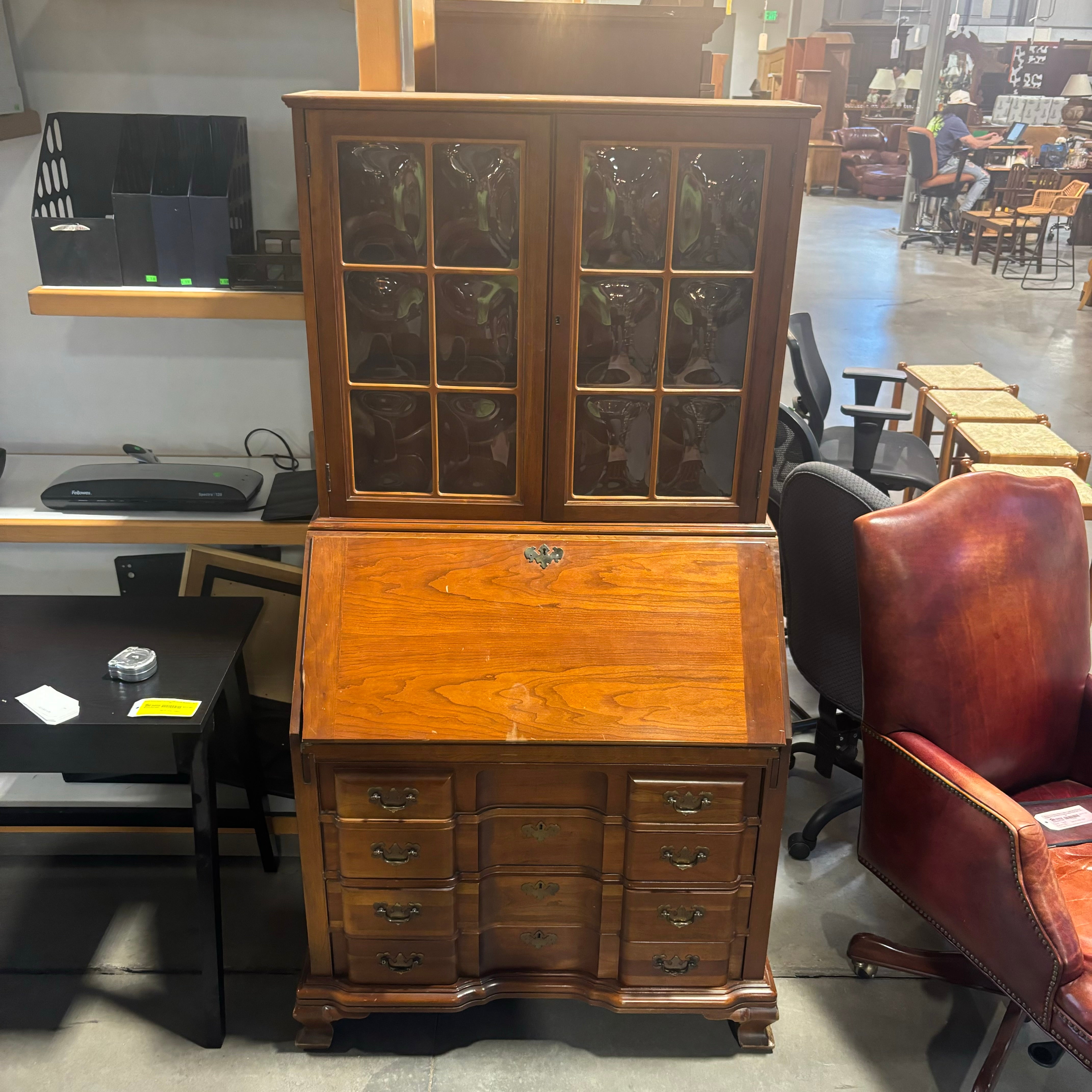 Solid Carved Wood 4 Drawer with 2 Bubble Glass Doors Secretary Desk 36"x 22"x 71"