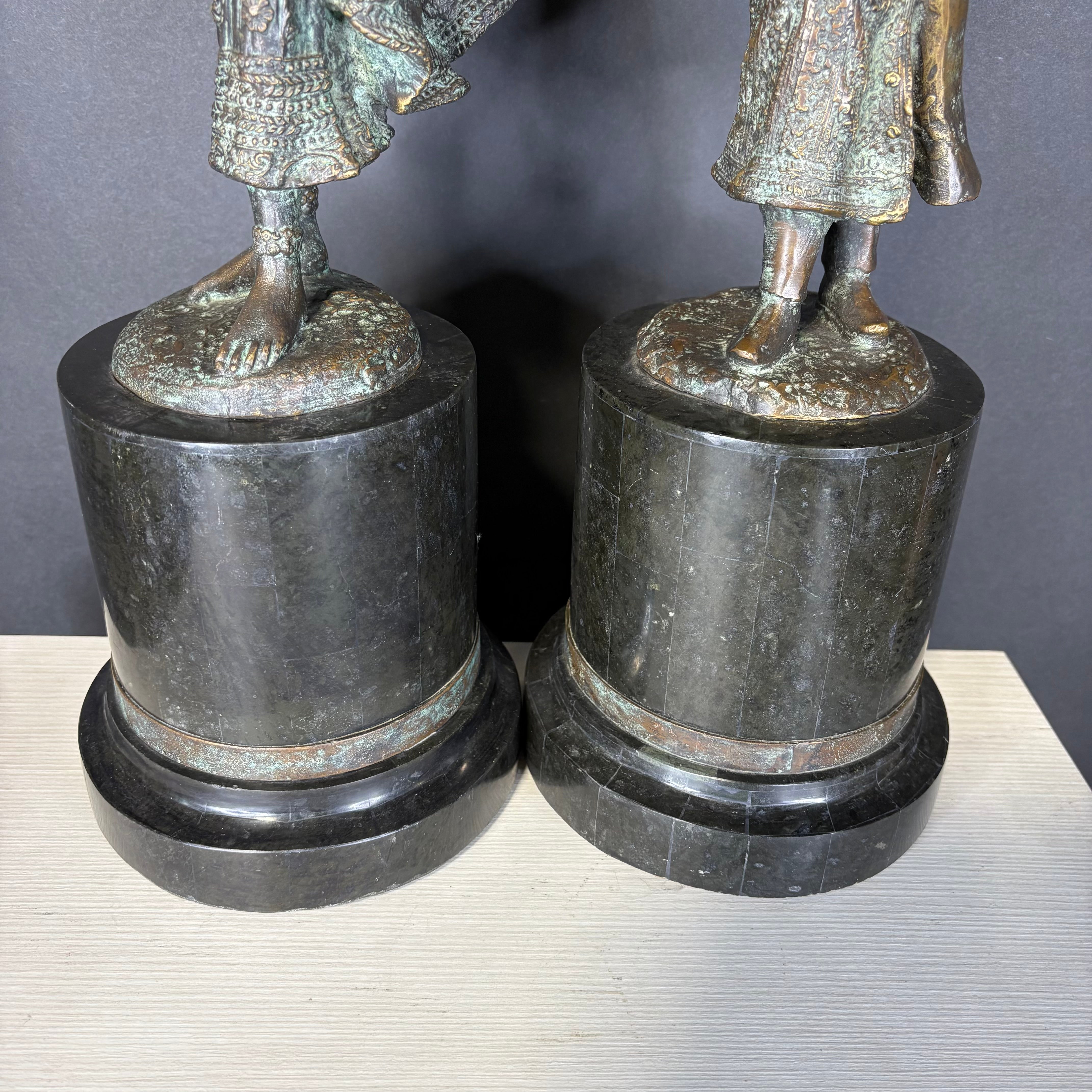 PAIR Aged Bronze Man and Woman Figurines Candlestick with Shade Table Lamp 10”x 7”x 38”