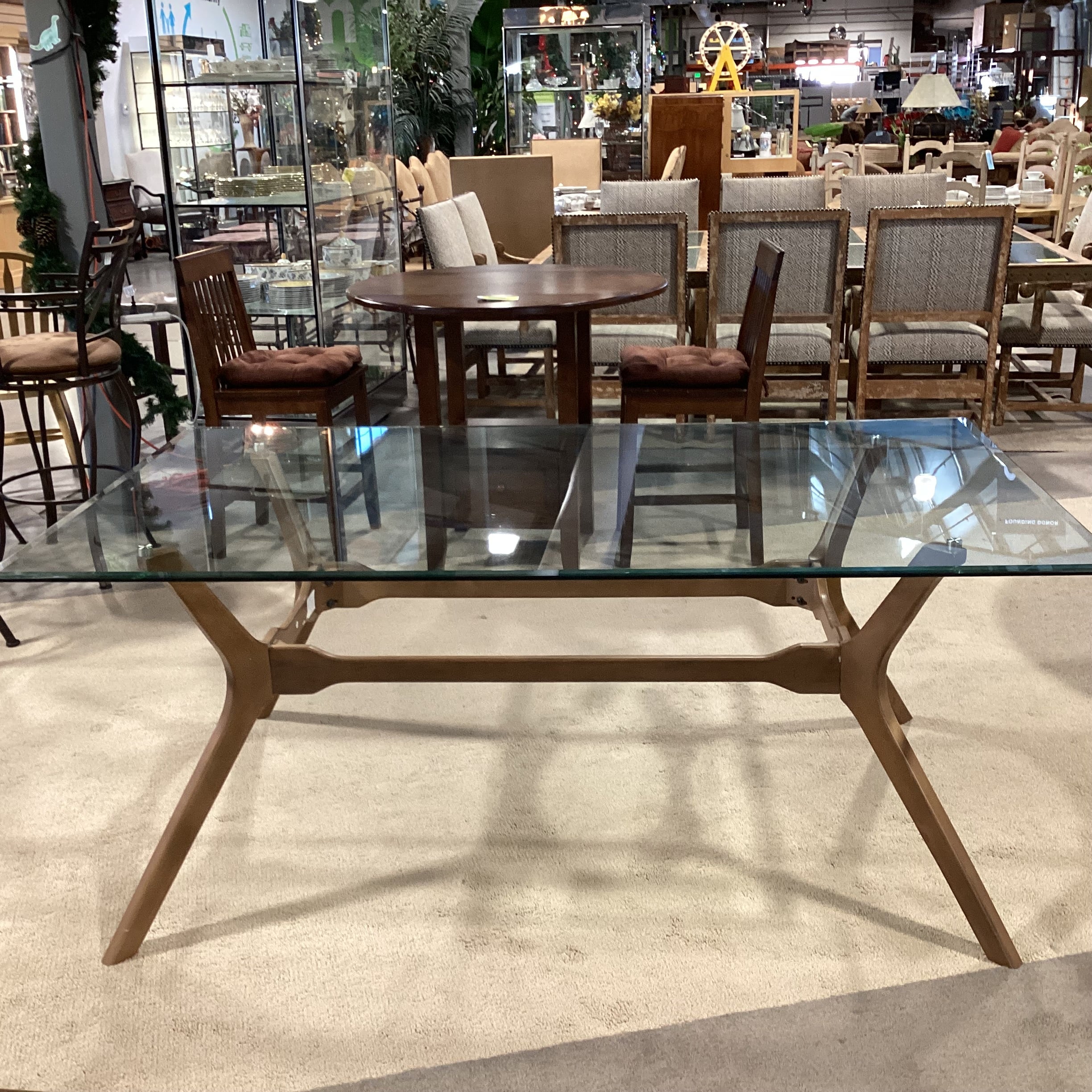 Mid Century Style Wood Base & Glass Dining Table 72"x 42"x 29.5"