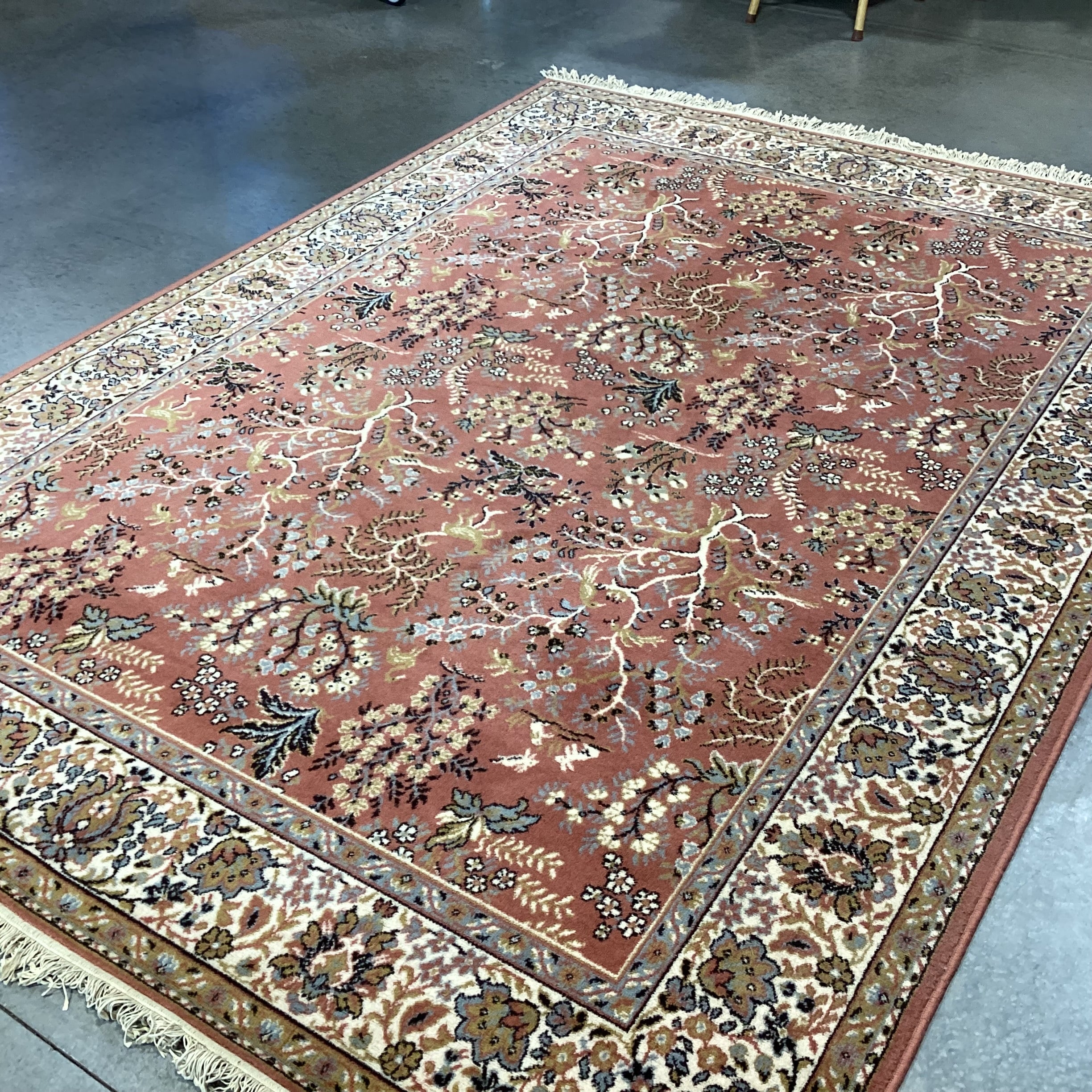 Galaxy Made in Belgium Vintage Salmon Blue Grey & Gold Leaf Floral Pure Virgin Wool Pile Rug 7'11"x 11'4"