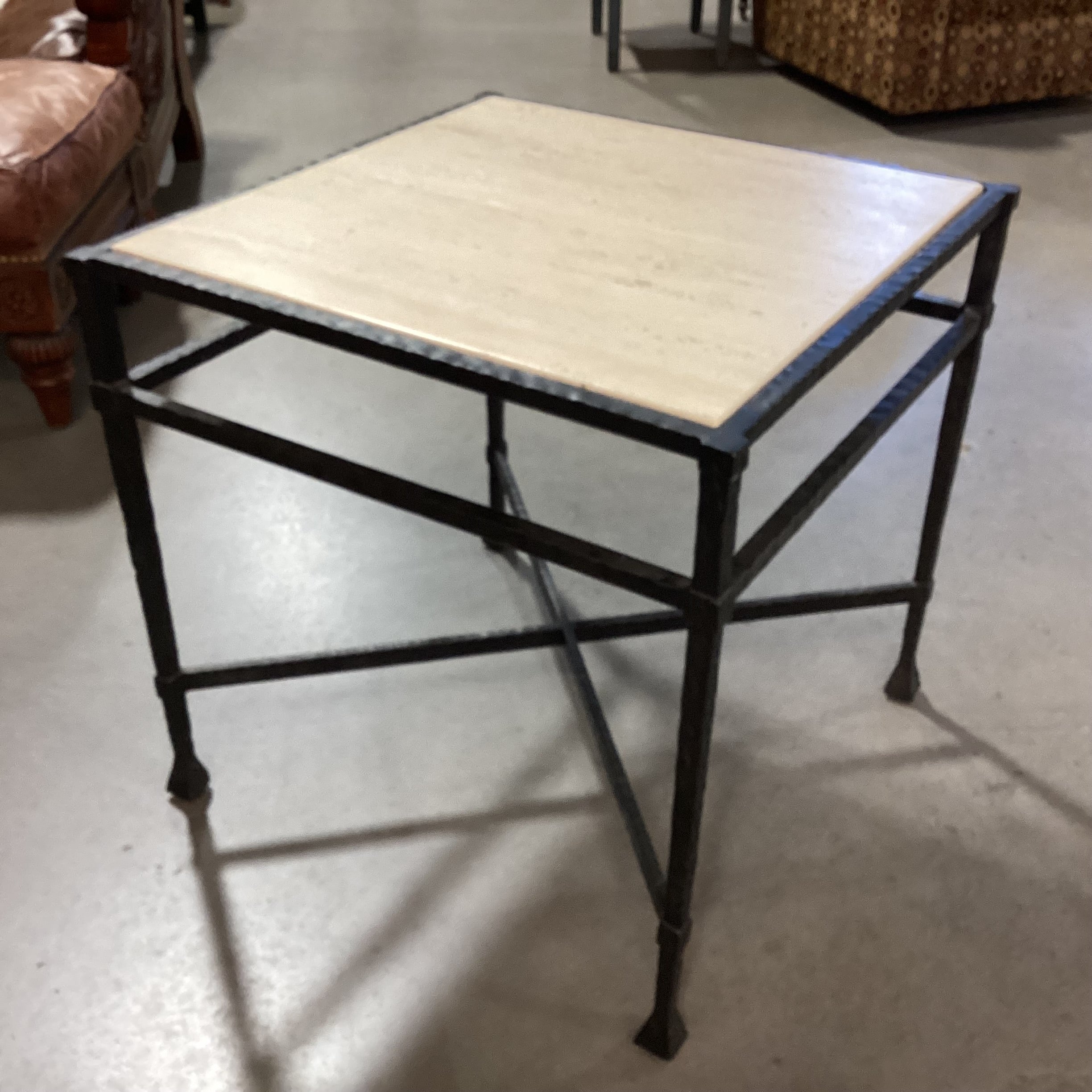 Textured Iron & Travertine Top Accent Table 25.5"x 25.5"x 25.25"