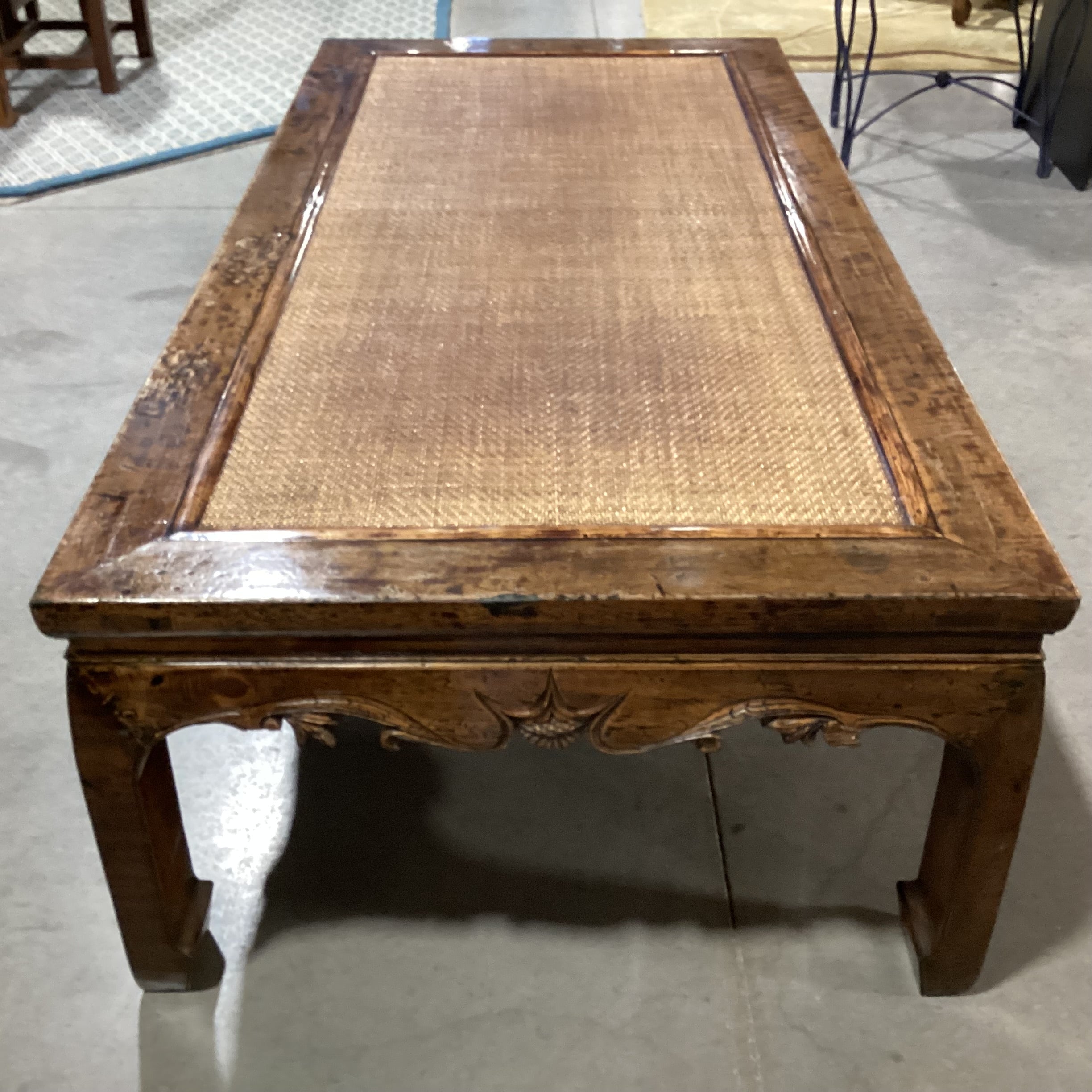 Asian Inspired Carved Distressed Wood & Rattan Raffia Woven Inset Coffee Table 72"x 35"x 21"