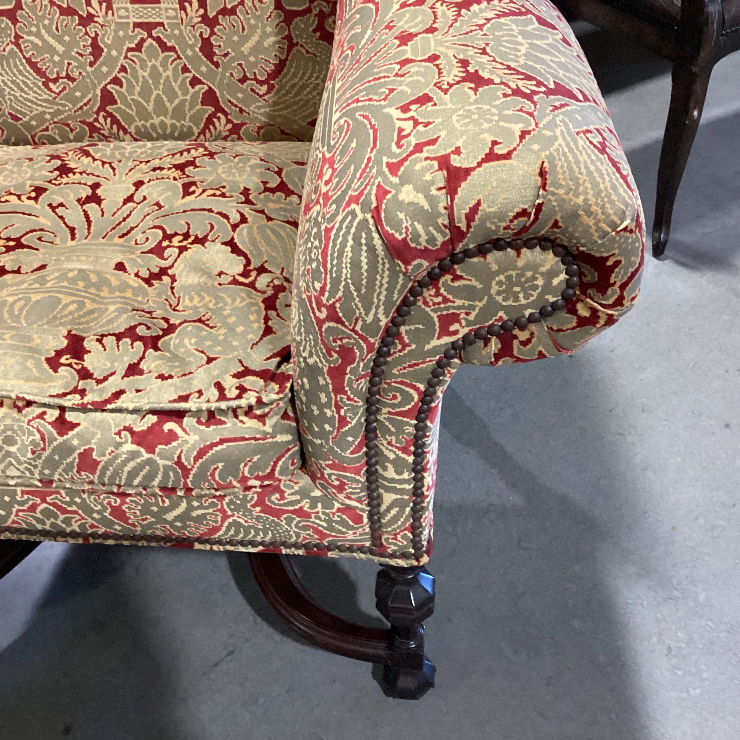 Lee Jofa Gold & Red Raised Design Nailhead Roll Arm & Wing with Carved Wood Base Chair 44"x 36"x 56"