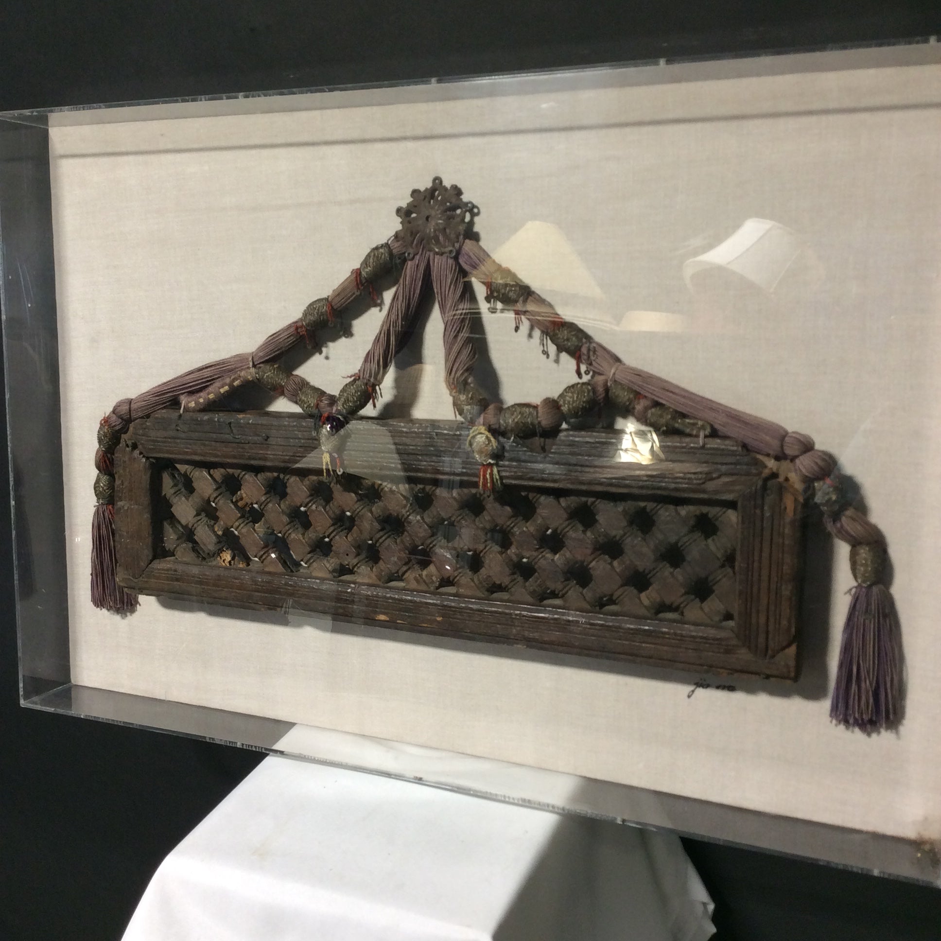 Antique Hand-Carved Wood With Ornamental Fabric Hanger/Attachment In Plexiglass Shadow Box 36" x 25"