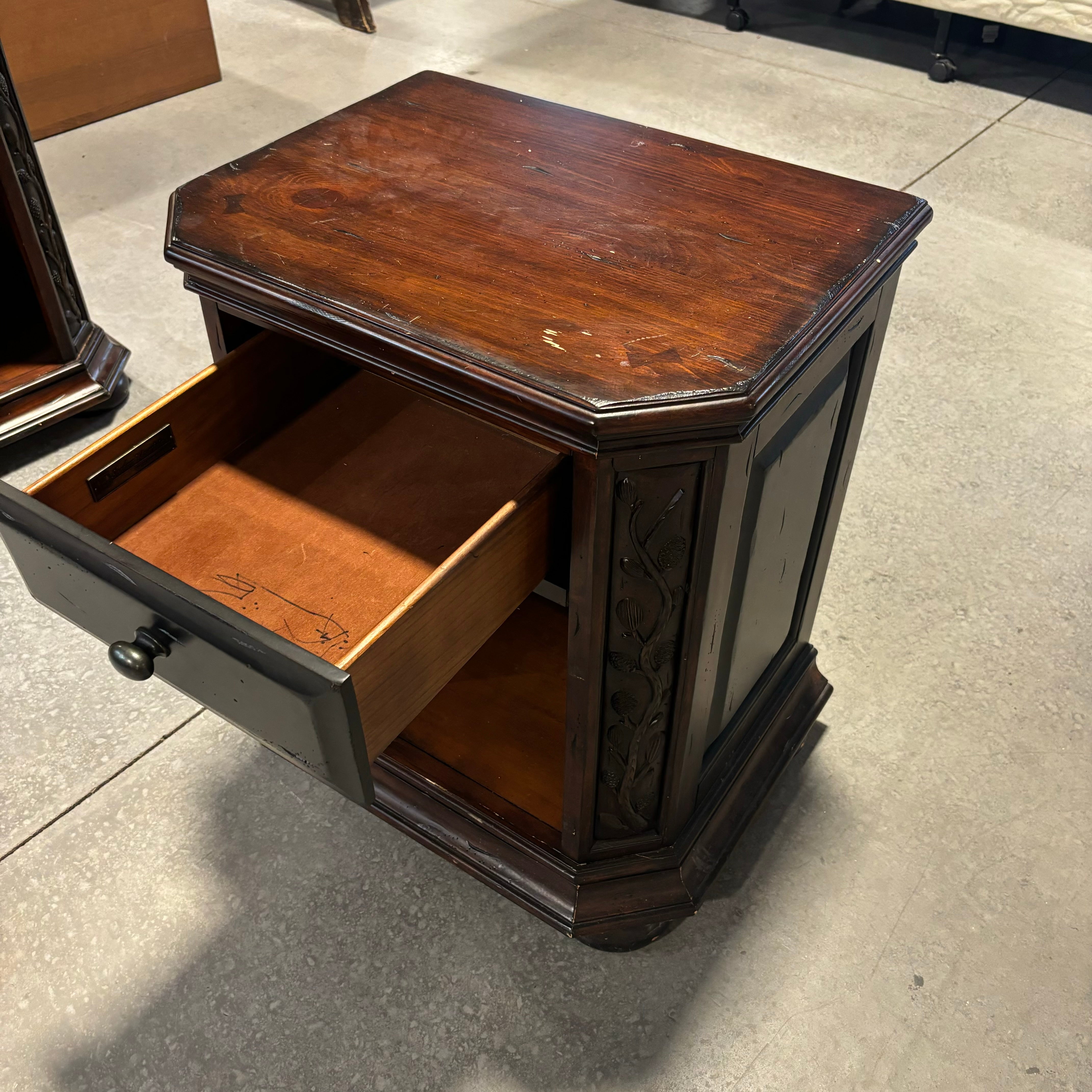 Shadow Mountain Carved Dark Finished Wood with Pine Cone Detail 1 Drawer Nightstand 27"x 19"x 29"