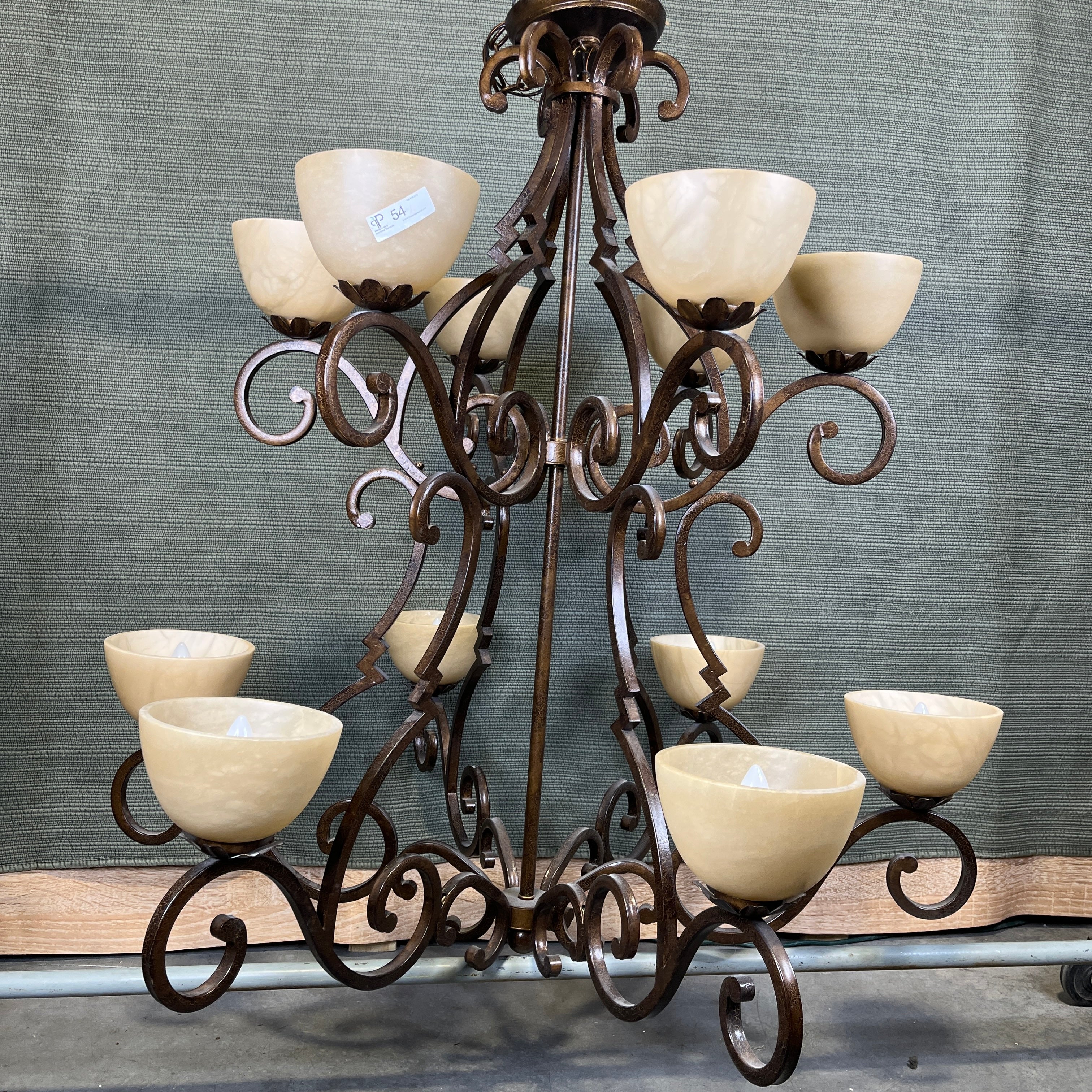 Luminaire 12-Light Tiered Bronze Crackle with Alabaster Shades Chandelier 46” Diameter x 45” - 70”