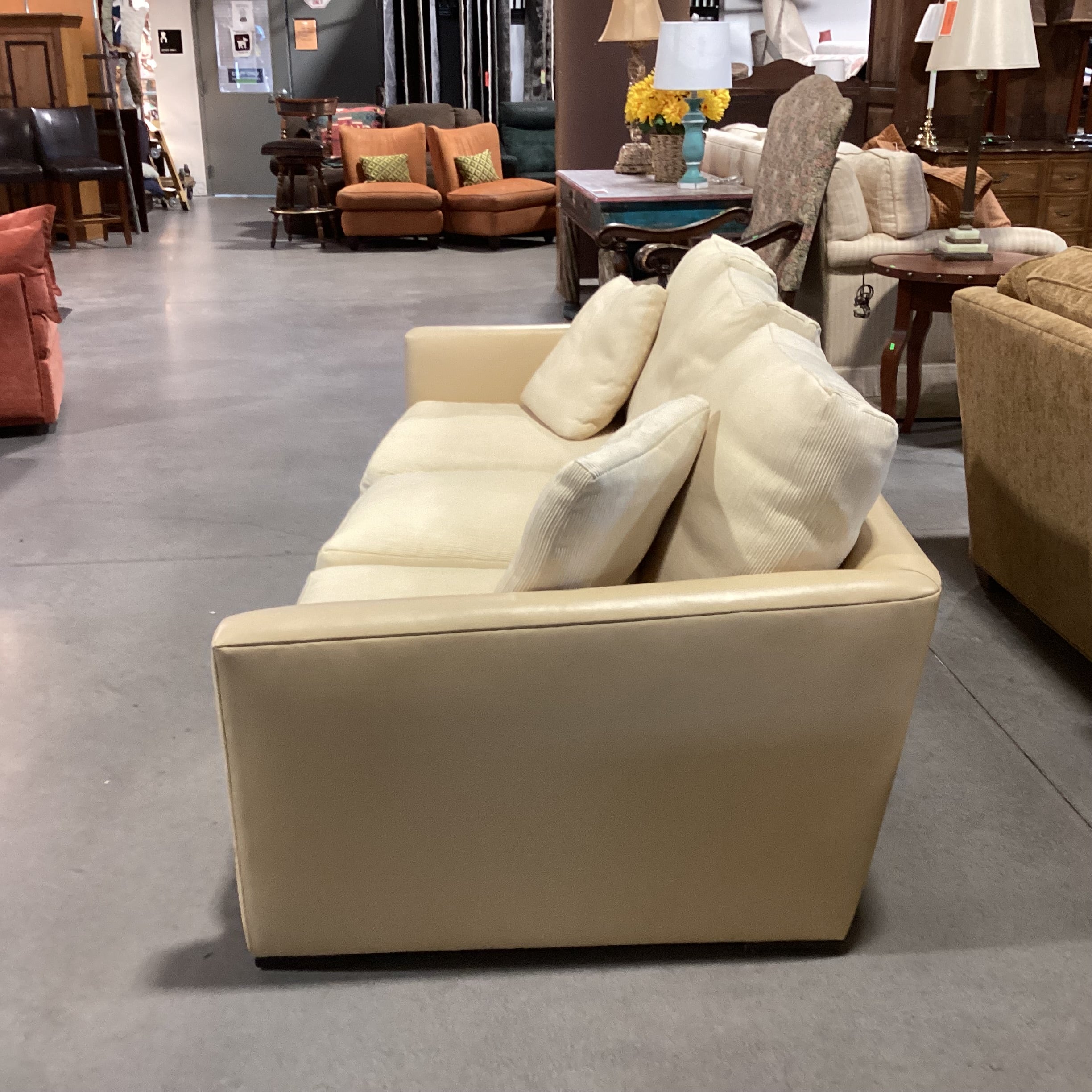 Gina B Custom Blonde Leather & Ribbed Upholstery Down Mix Sofa 90"x 42"x 26"