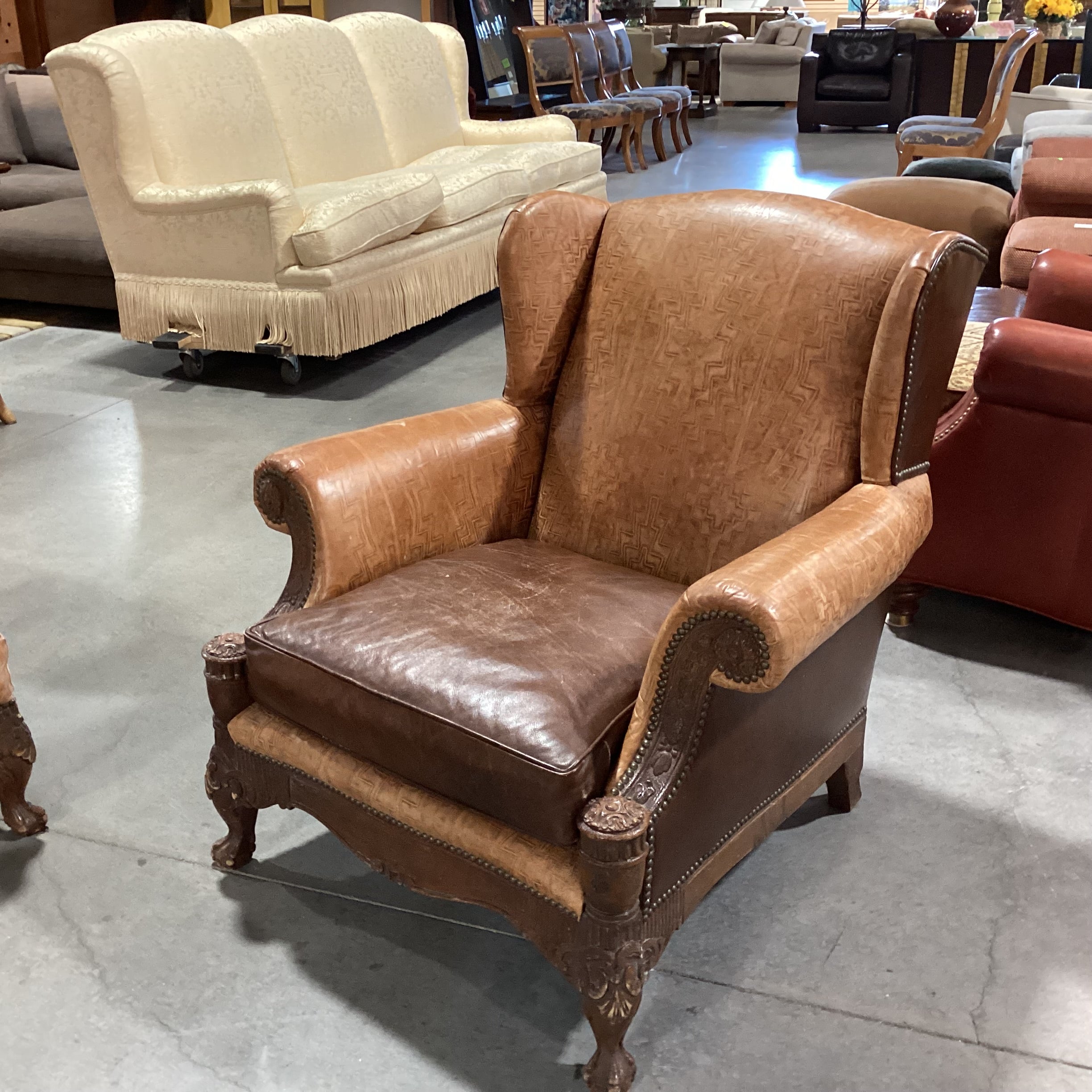Old Hickory Tannery 2 Tone & Embossed Leather Nailhead Ornate Carved Wood with Ottoman Chair 38"x 36"x 37.5"