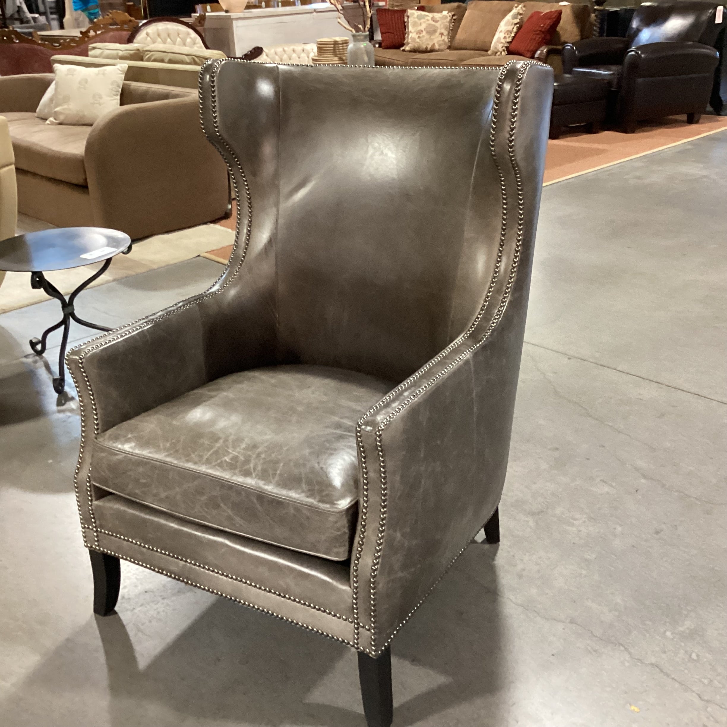 Bernhardt Interiors Olive Grey Distressed Leather Nailhead High Back Wing Chair 31"x 36"x 45"