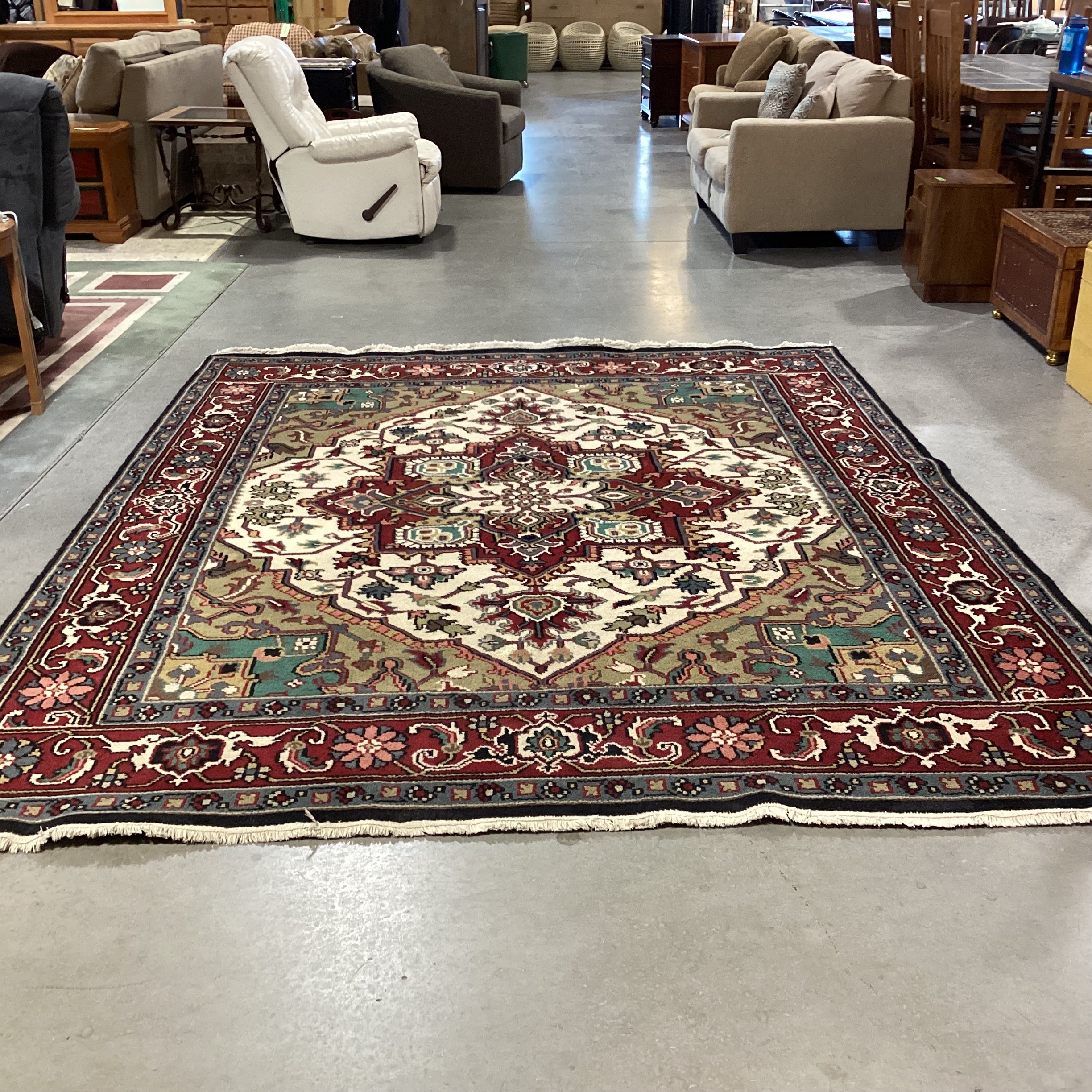 Red Blue Cream Hand Woven Wool Rug 8'x 10'