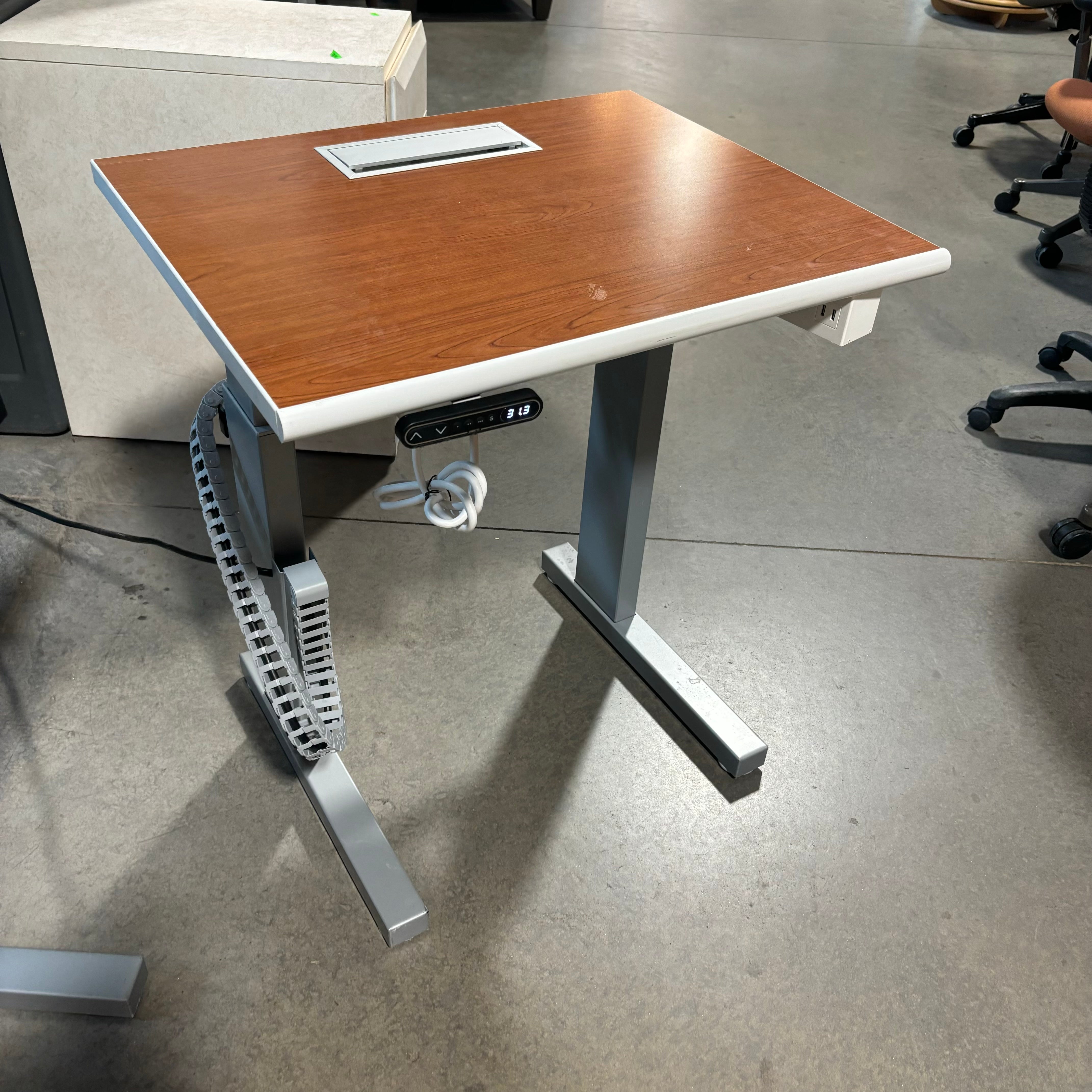 LINAK Dark Wood Veneer with Steel Base Adjustable Sit to Stand Desk 28"x 24"x 27" to 43"