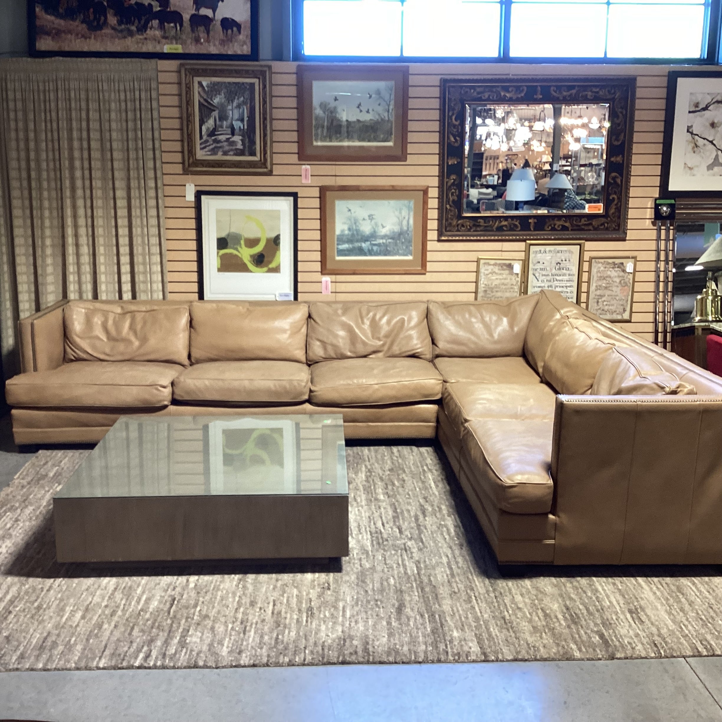 Restoration Hardware Tan Leather Nailhead Down Mix 2 Piece Sectional 145"x 112"x 44"x 31"