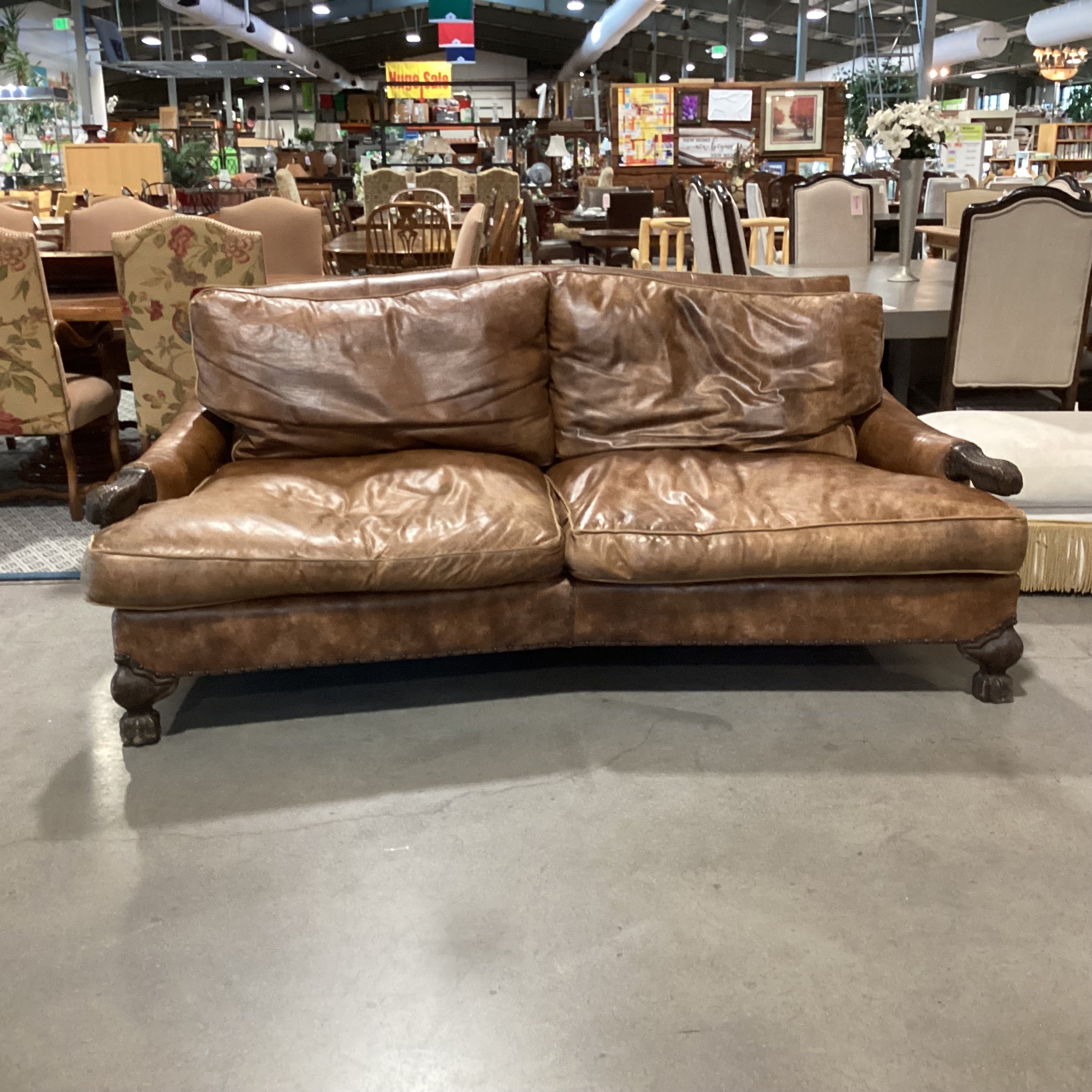 Carol Hicks Bolton & E J Victor Distressed Leather with Reversible Burgundy Velvet Cushions Ornate Carved Wood Down Mix Sofa 92"x 46"x 40"