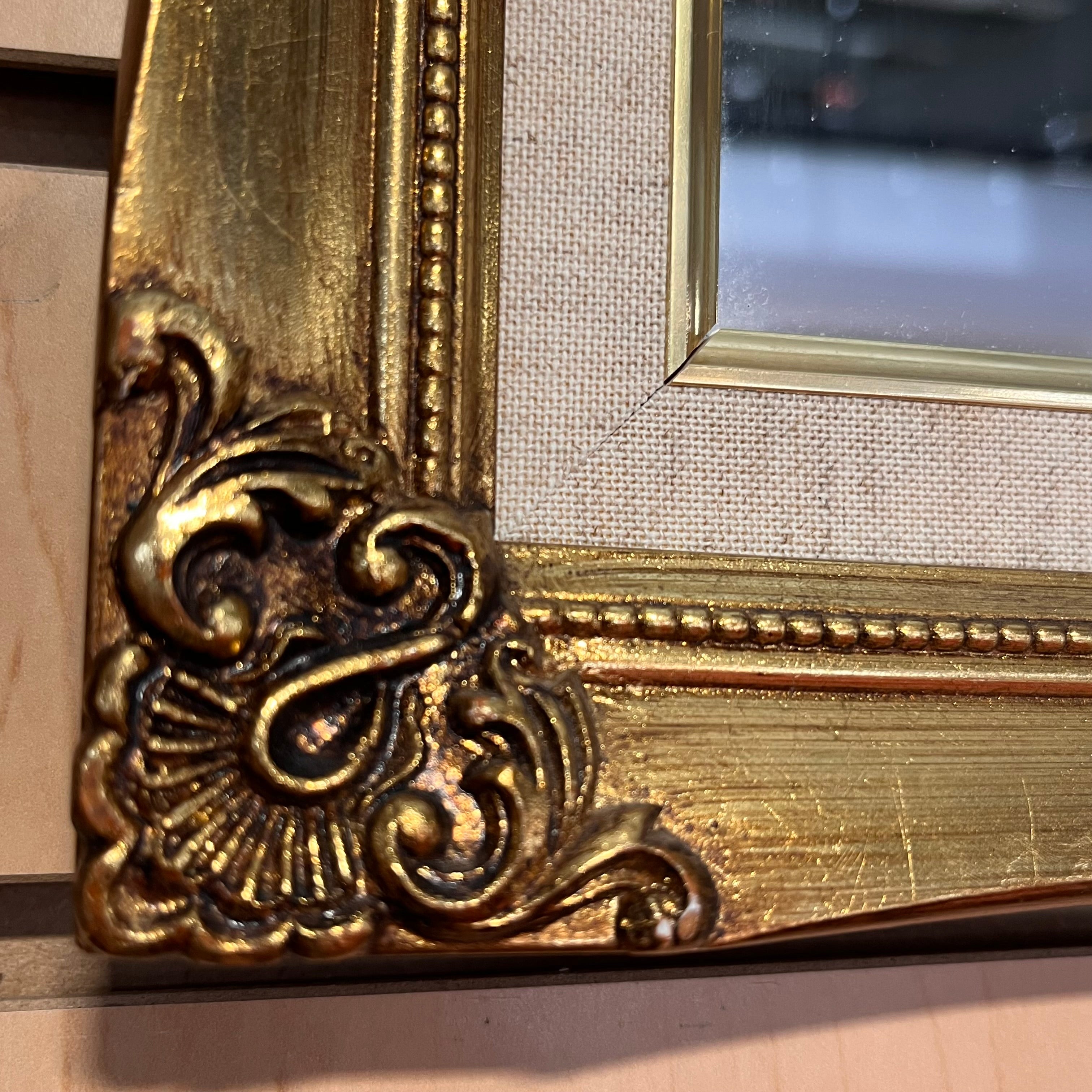 Gold Ornate Frame with Linen Trim Wall Mirror; 15"x 18"