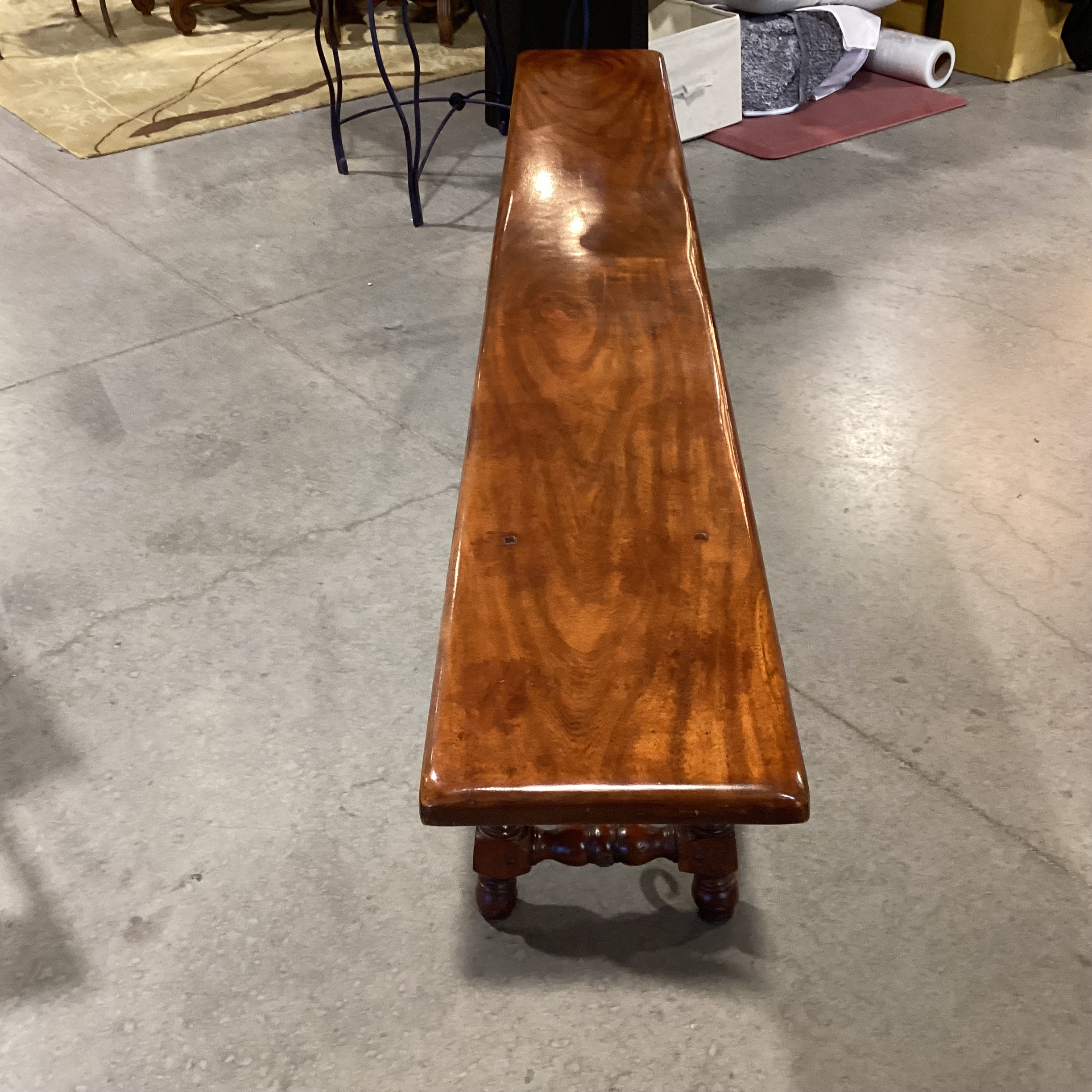 Finished Craved Wood with Iron Trestle Bench 84"x 12'x 18"