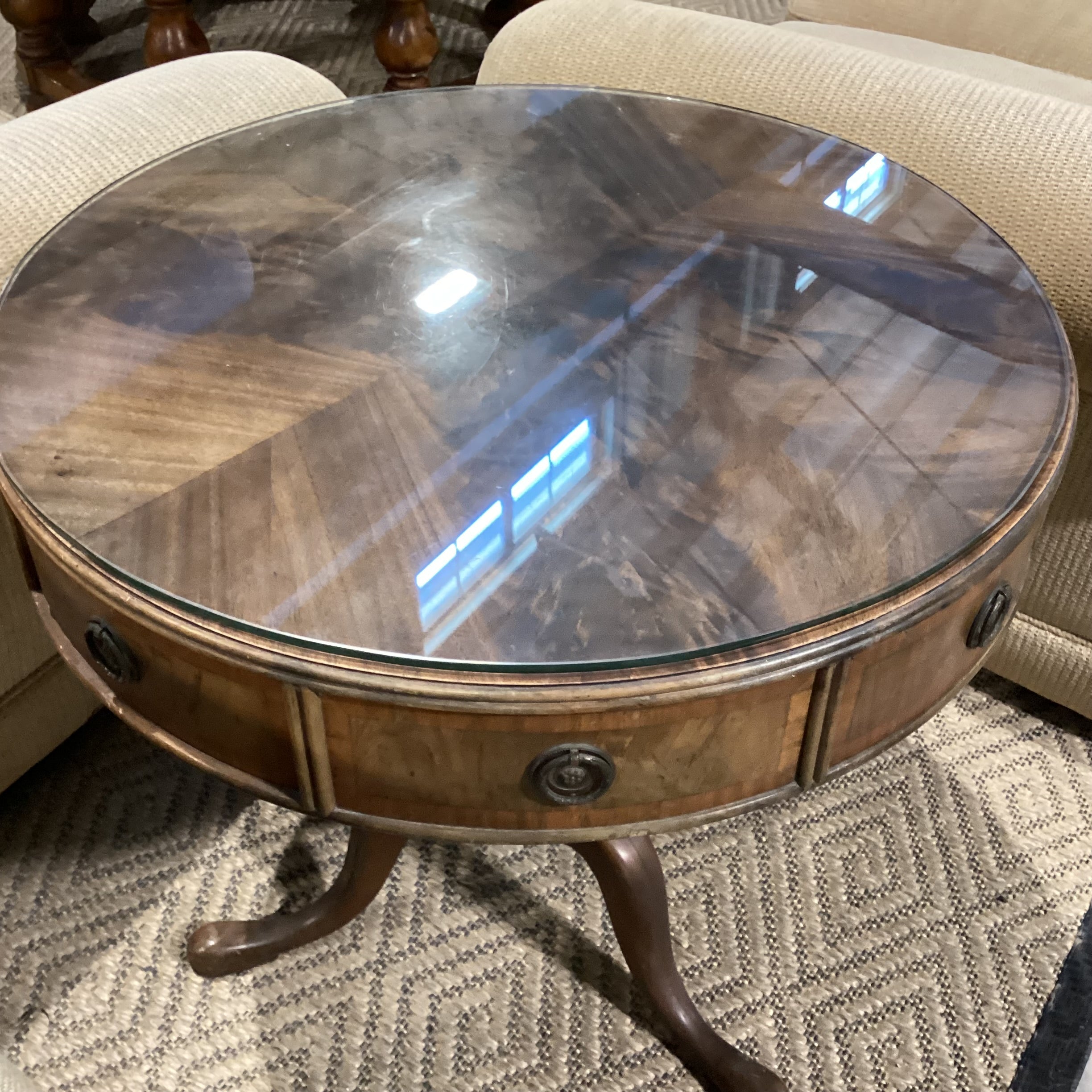 Antique Round Carved Wood &  Flamed Mahogany Veneer 4 Drawer Glass Top Accent Table 30" Diameter x 29.5"