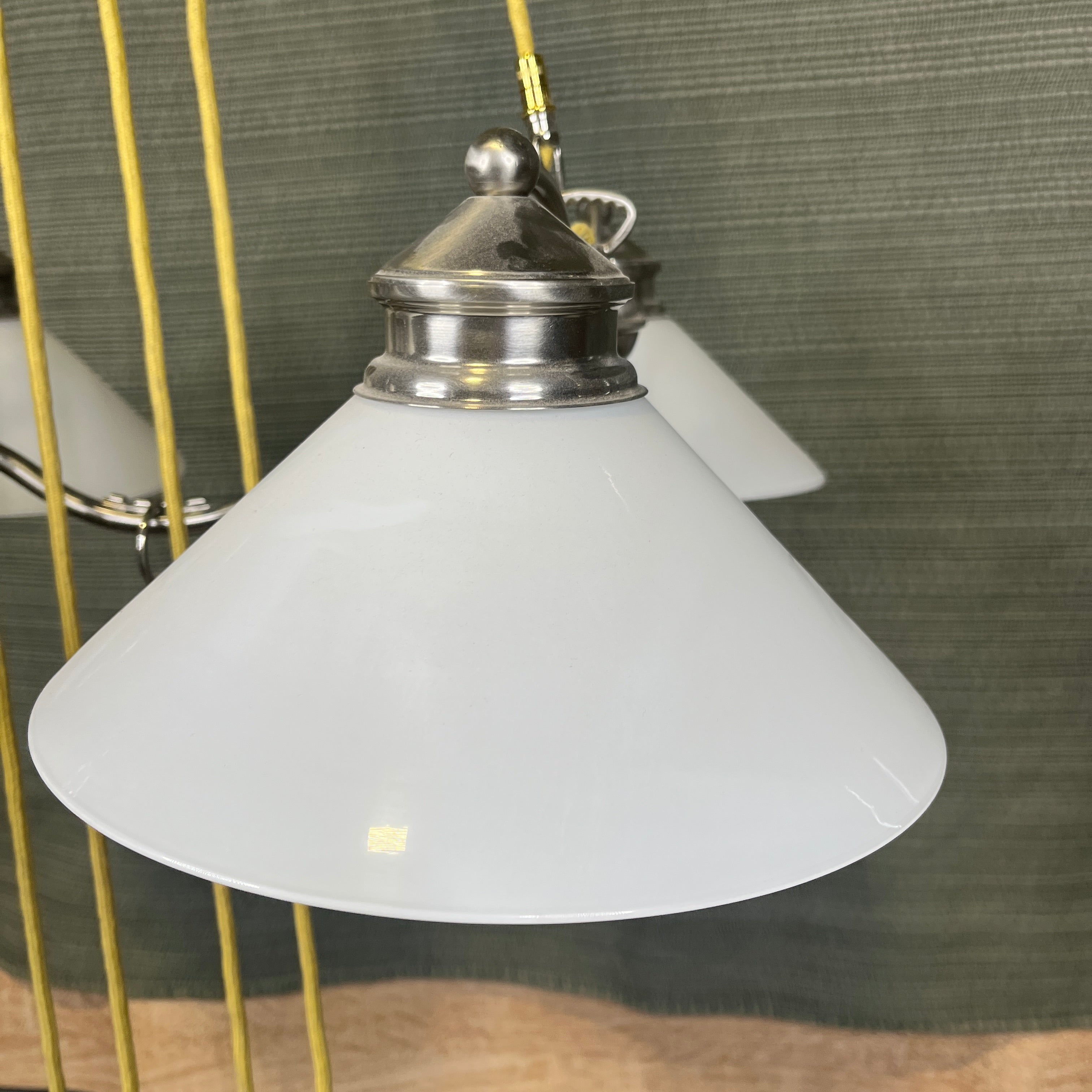 Industrial Style 4-Light Silver and Gold with Milk Glass Shades Counterweight Ceiling Pendant 24"x 22"x 54"