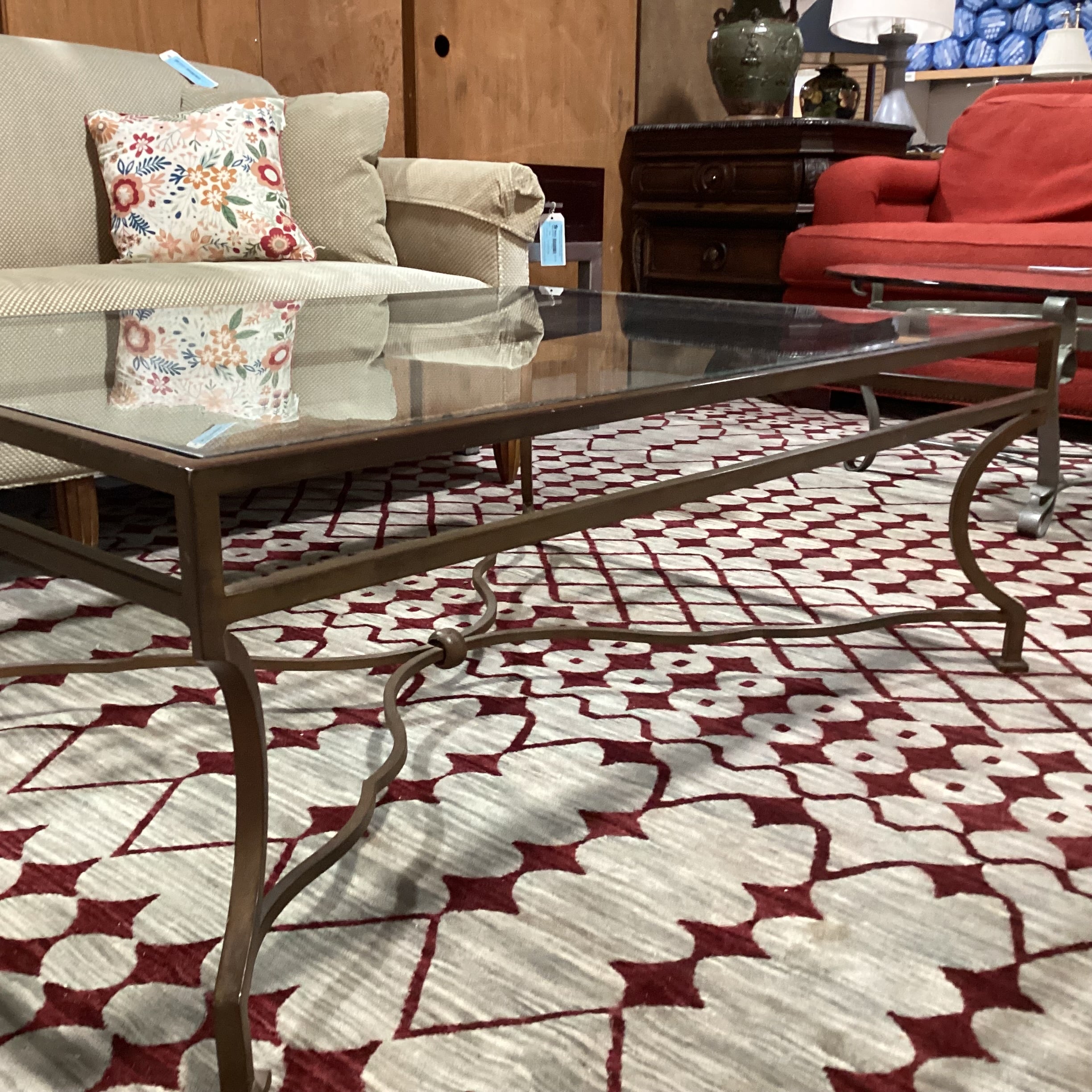 Iron with Trestle & Glass Coffee Table 48"x 36"x 17.5"