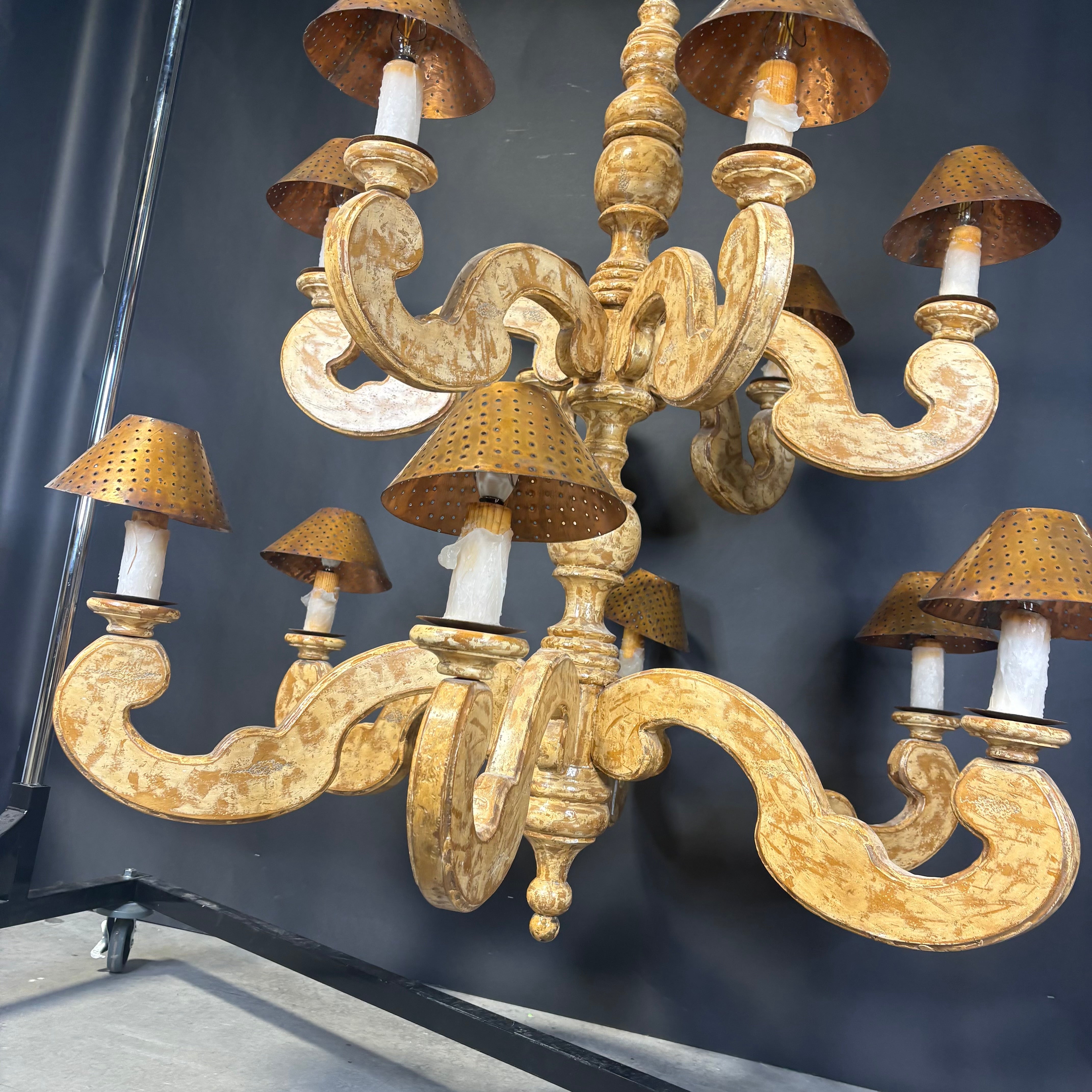 Bruce Eicher 12-Light Tiered French Country Distressed Cream/Gold Wooden with Copper Shades Chandelier 48” Diameter x 65”