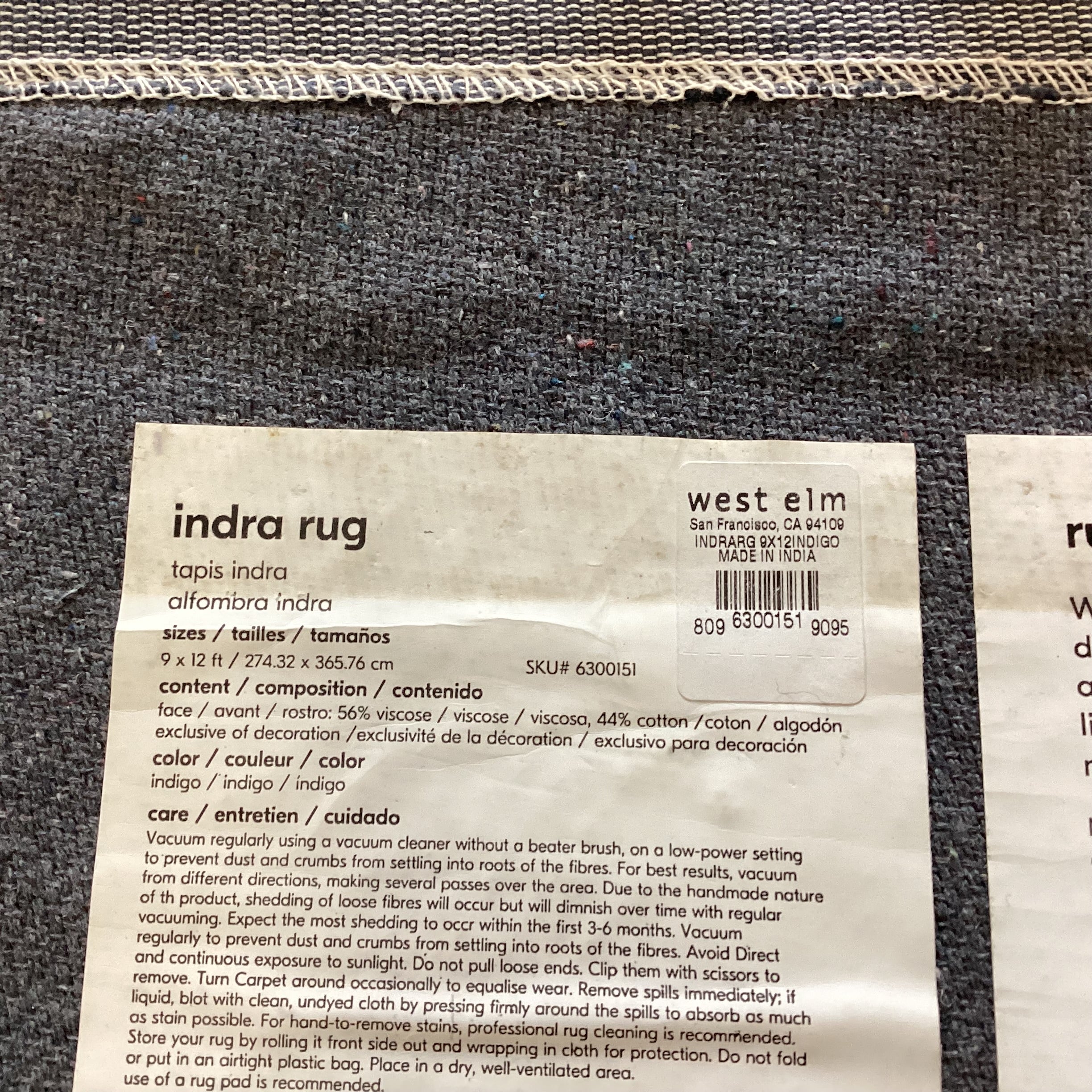 West Elm Indra Flatweave Indigo & Cream Viscose & Cotton Rug 9'x 12'