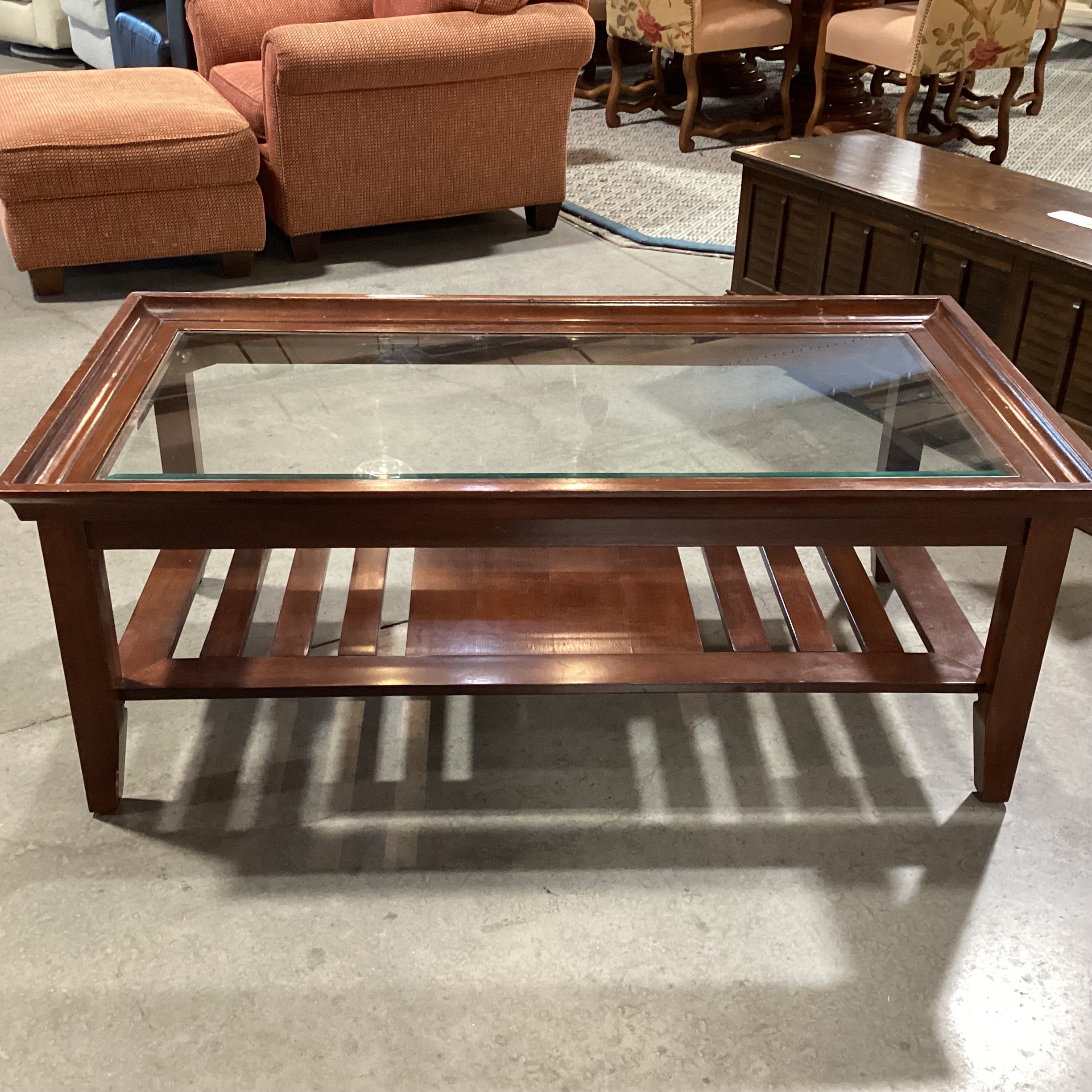 Dark Finished Wood with Slatted Bottom Shelf & Inset Glass Top Coffee Table 50"x 26"x 20"