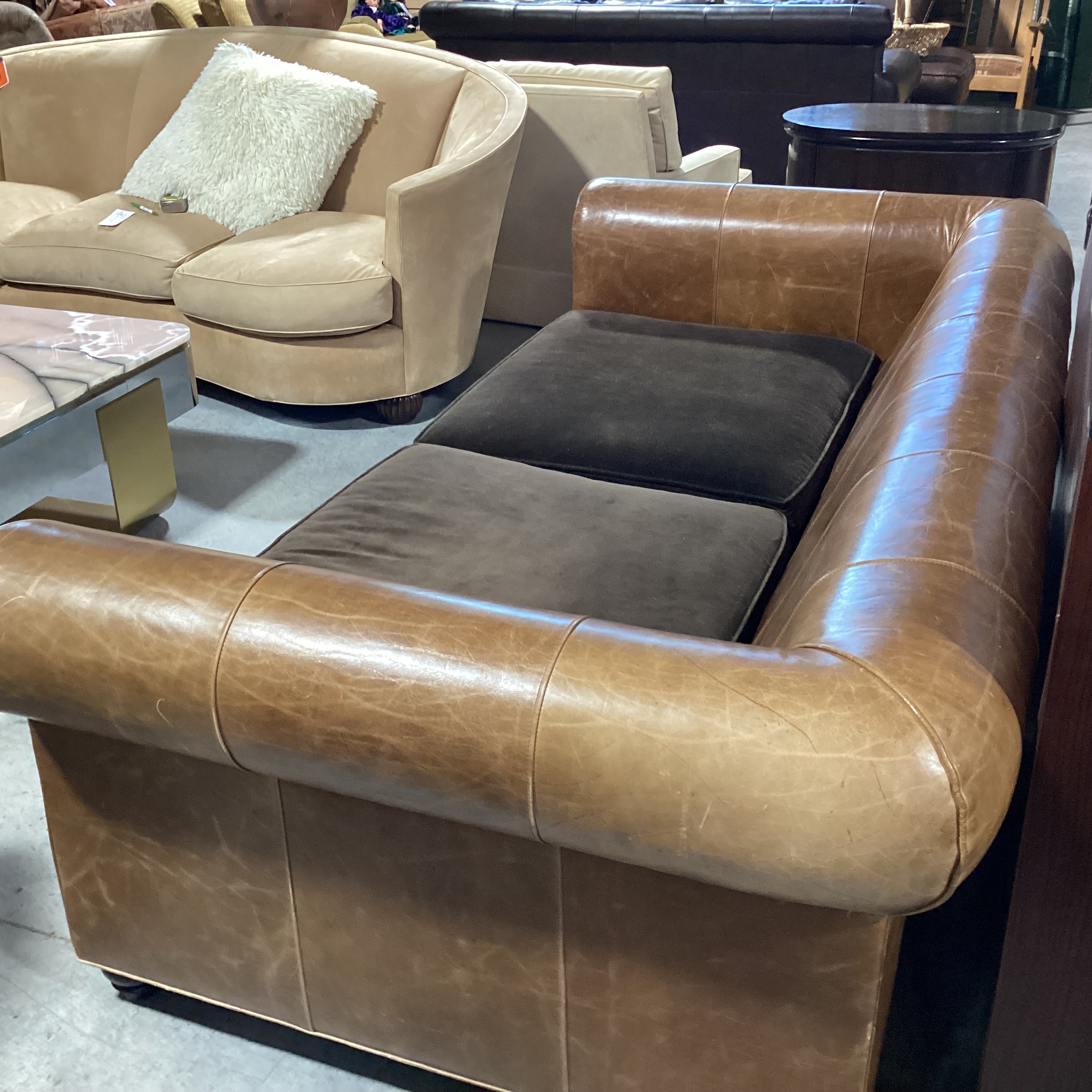 Leather Nail Head Roll Arm & Back with Brown Velvet Seat Cushions Sofa 94"x 46"x 30"