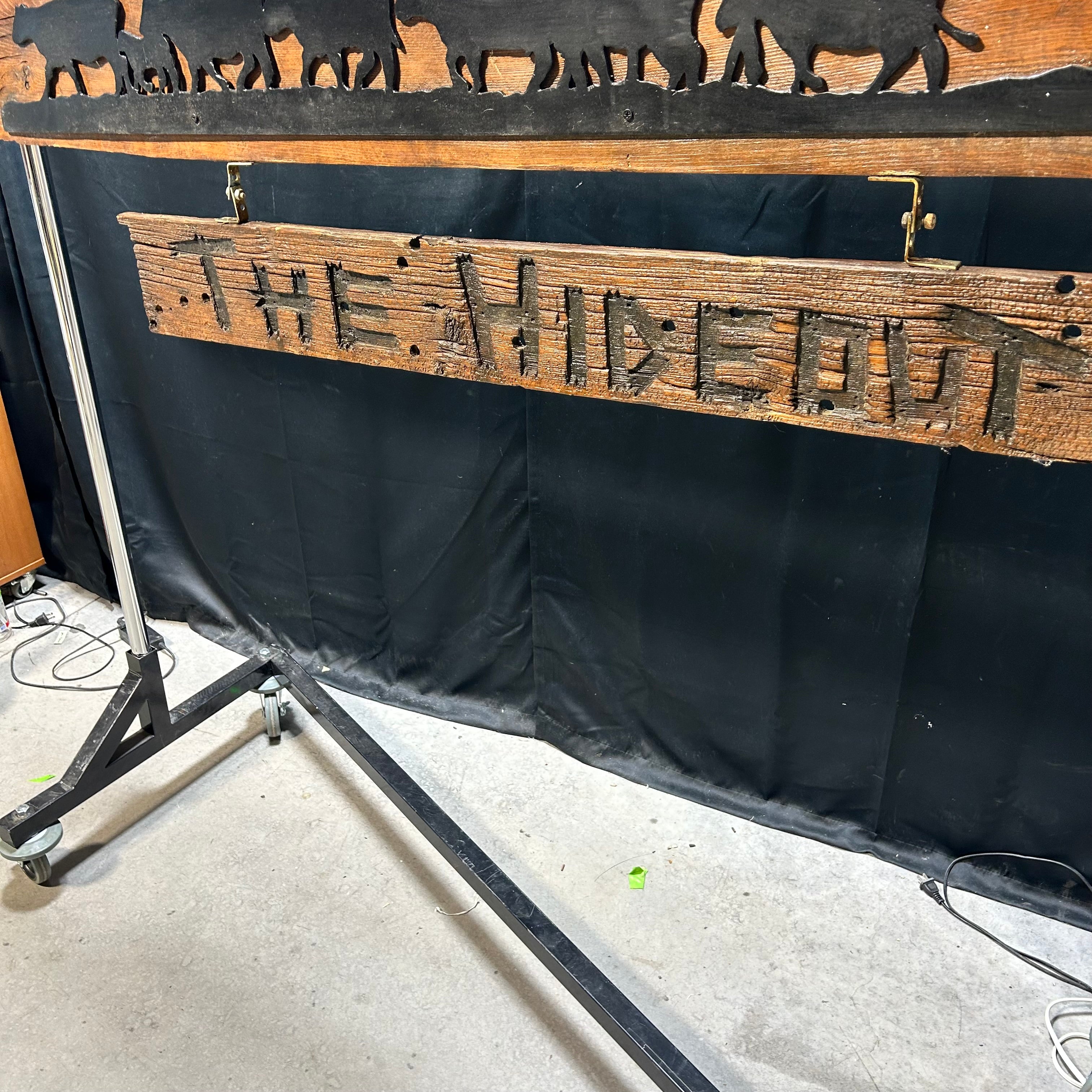 Large Western Decor Sign "THE HIDEOUT" With Iron Cattle Drive Silhouette 89"x 23"