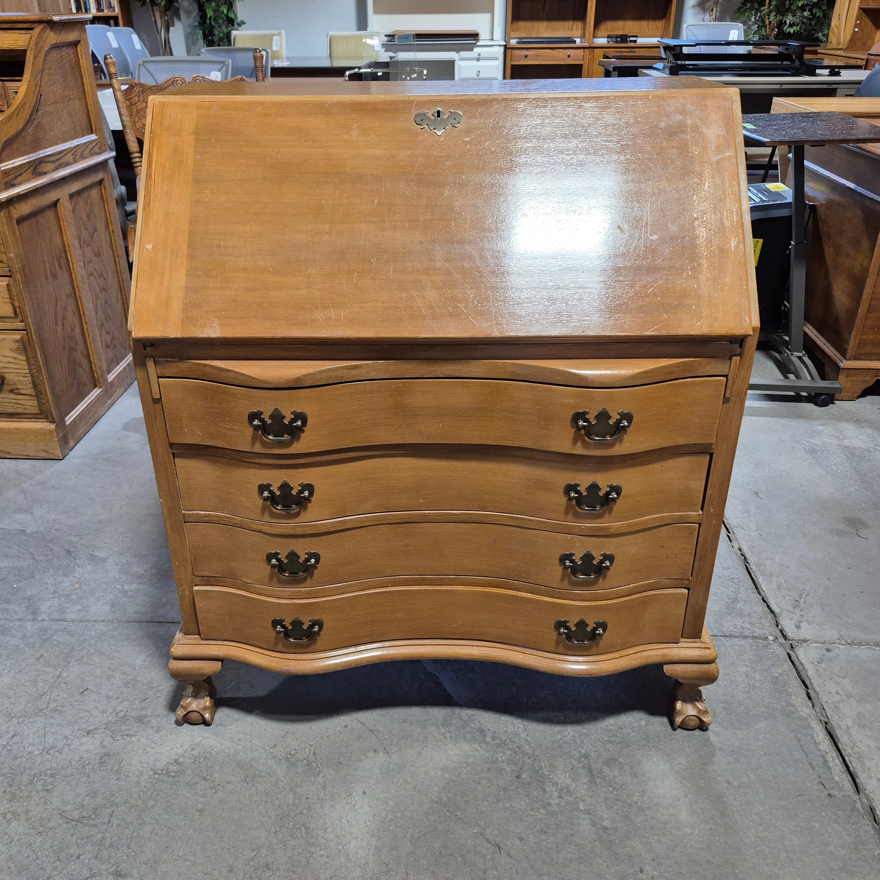 Vintage Maple Carved Wood 4 Drawer Fold Down Secretary Chest Desk 36"x 22"x 41.5"