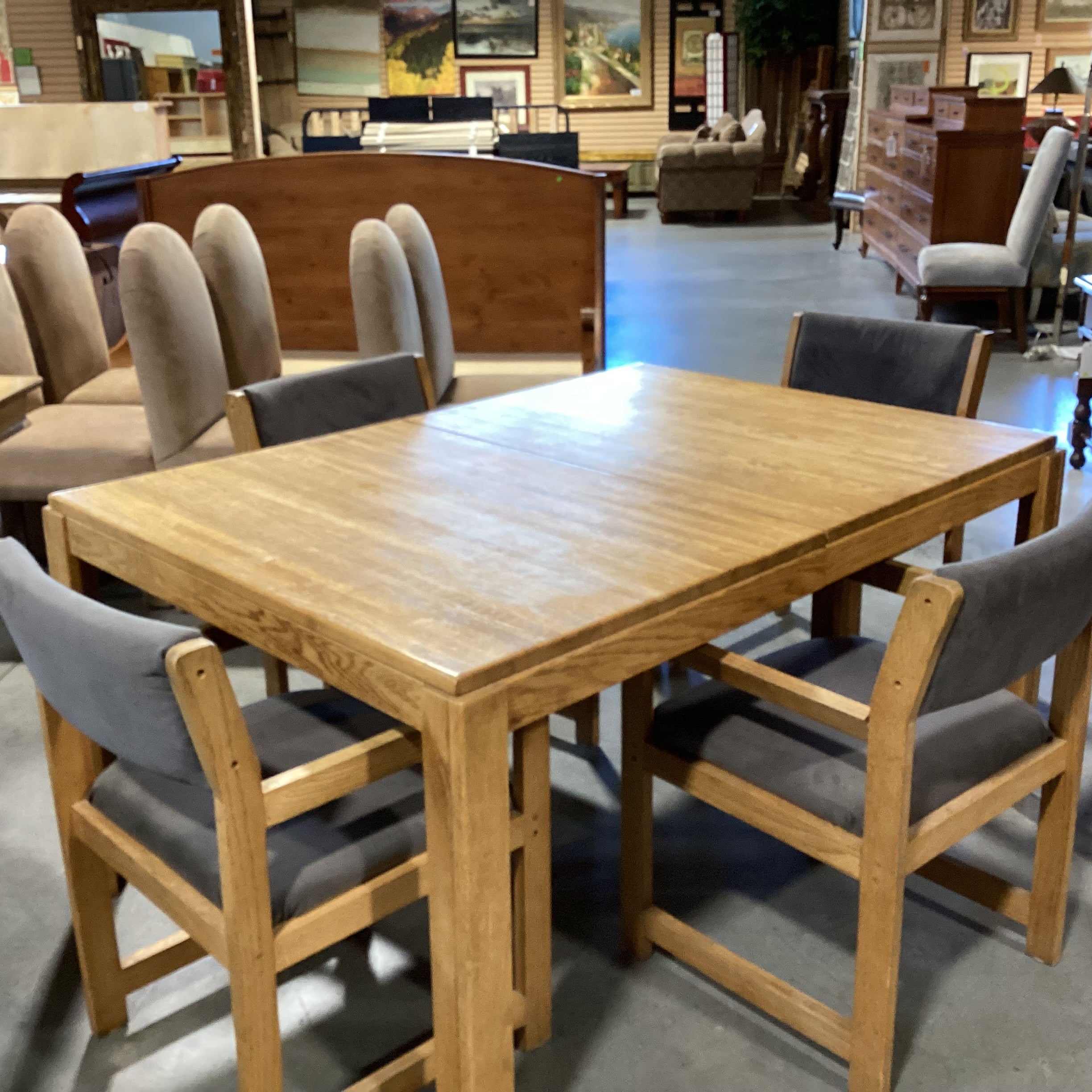 Vintage Oak Table with 4 Grey Velvet Chairs Dining Set 59"x 42"x 29.5"