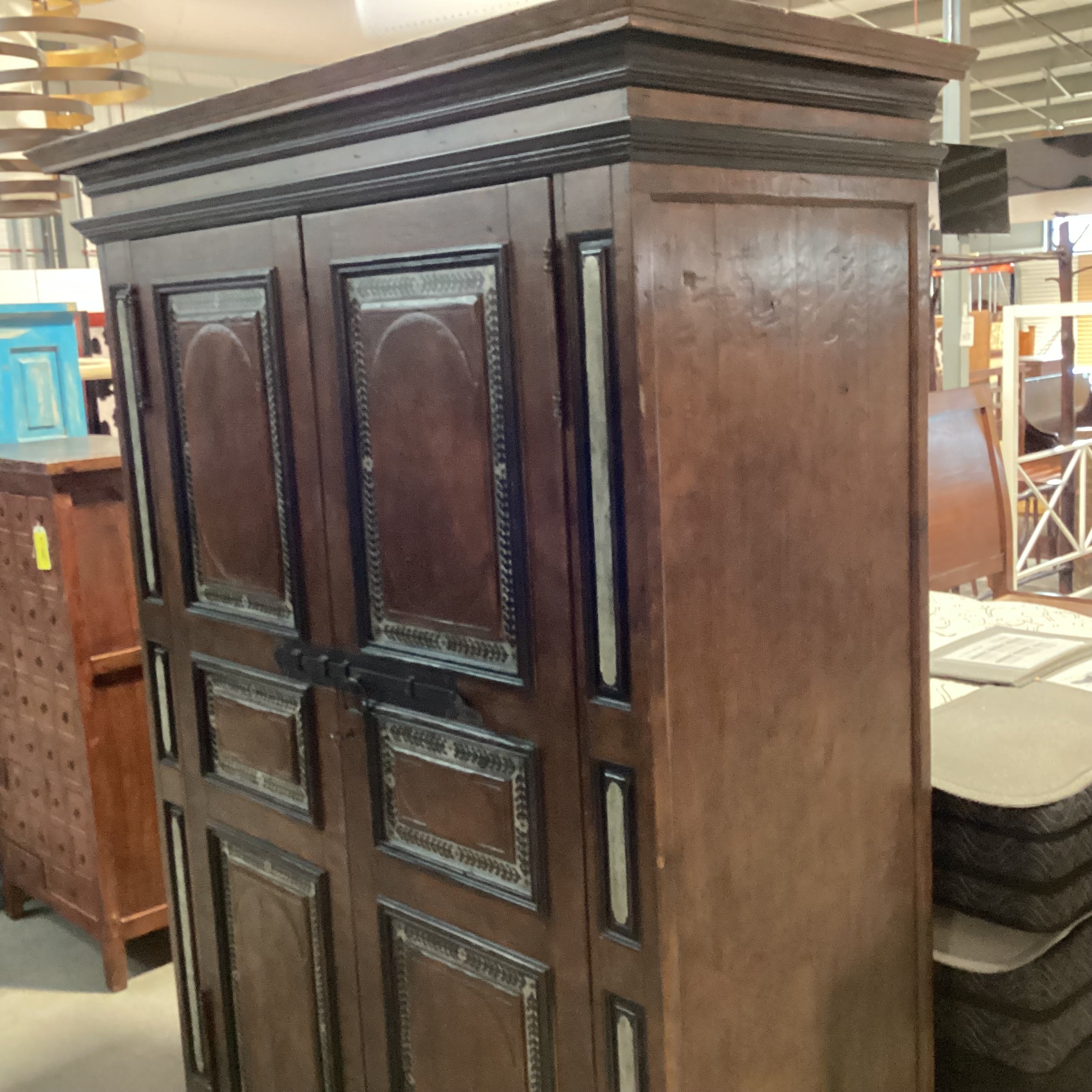 Custom Rustic Distressed Solid Wood with Painted Detail 2 Door Shelves & Drawers Armoire 65"x 34"x 90"