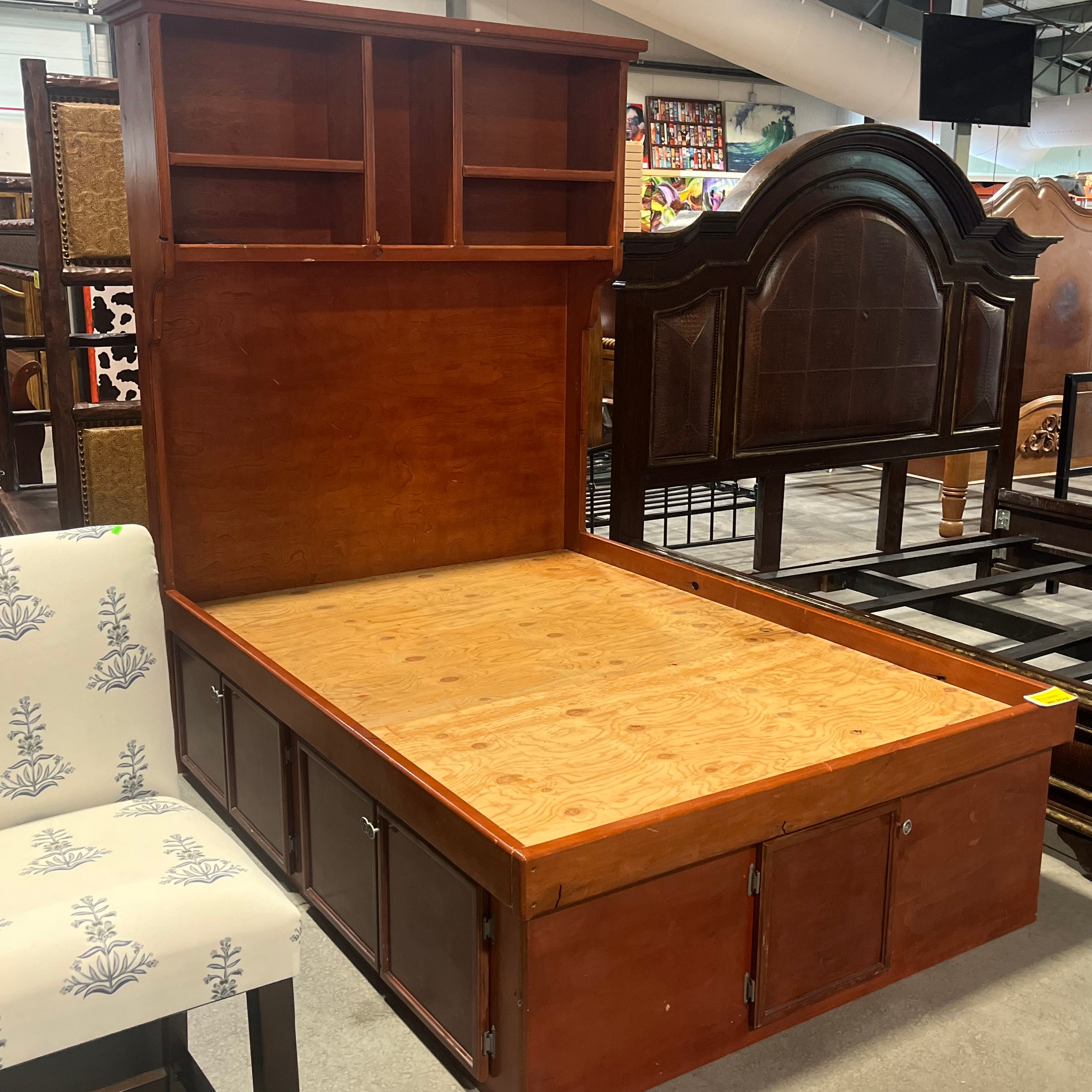Full Solid Cherry Stained Wood bed set with High Shelves, 8 Drawers, and 5 Cabinets 58.5"x 81"x 85"