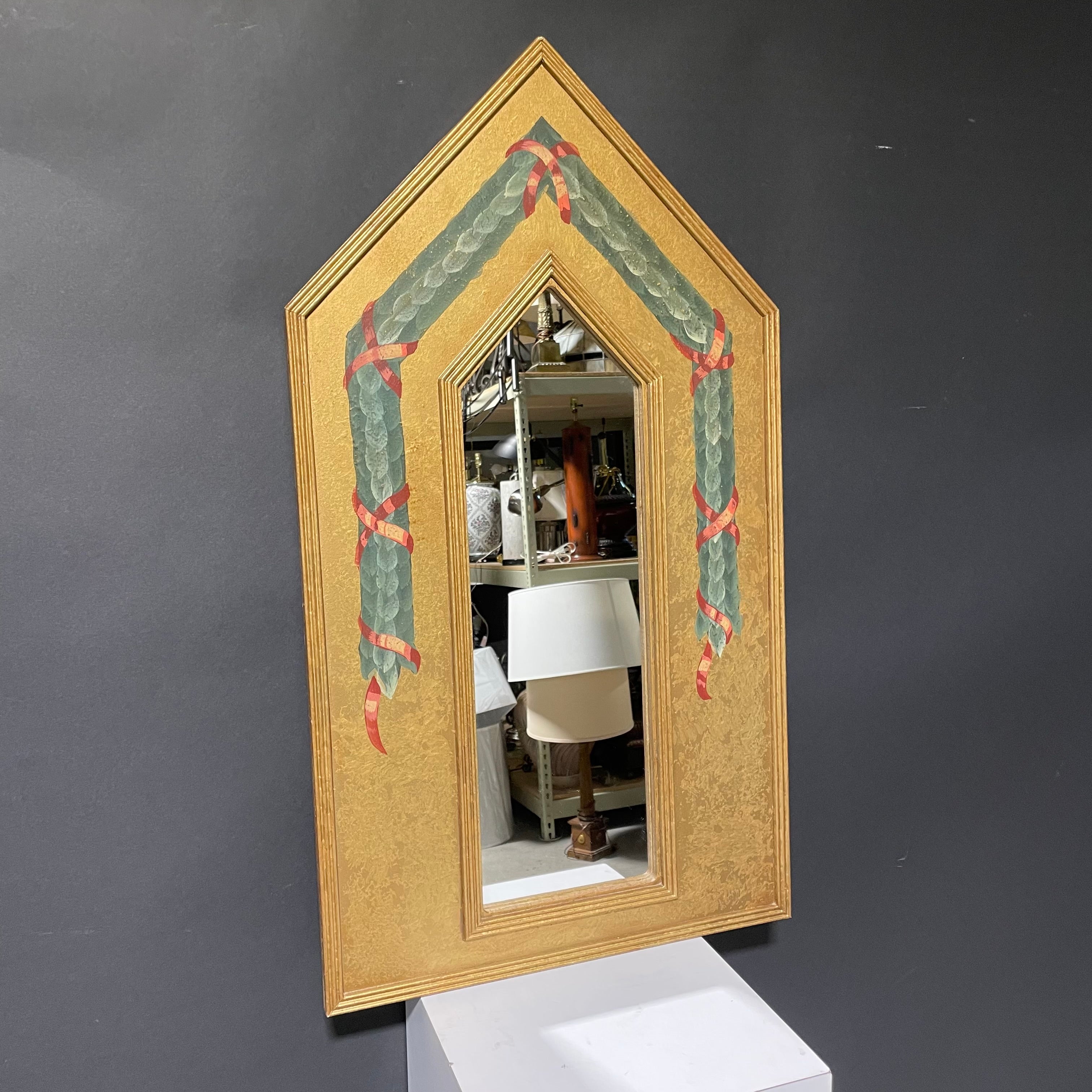 Mid Century Modern Giltwood Wall Mirror With Hand-Painted Garland 20" x 36"