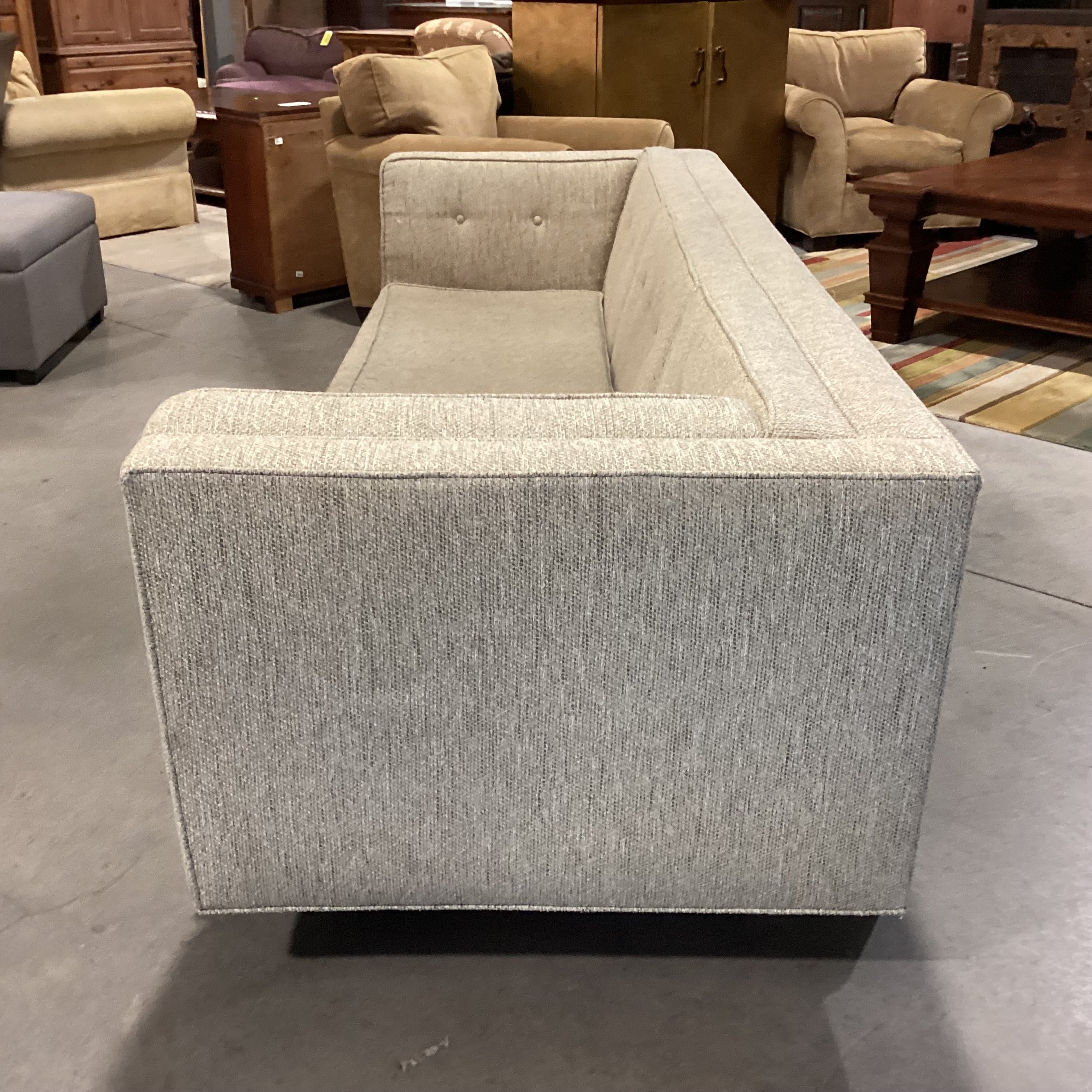 Vintage Asian Inspired Beige Woven Black Finished Wood Rail Base Sofa 98"x 37"x 29"