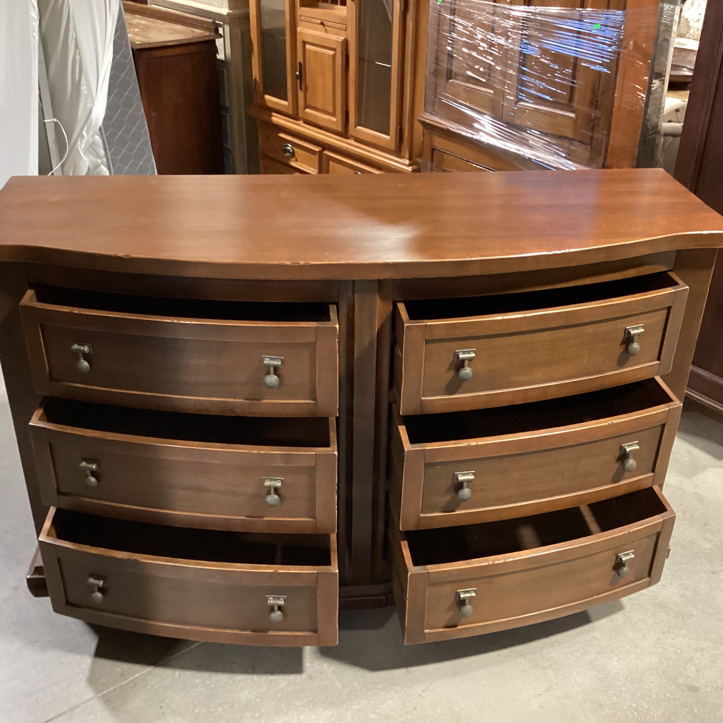 Dark Distressed Finish Solid Carved Wood 6 Drawer Curved Front Dresser 66"x 23.5"x 37"