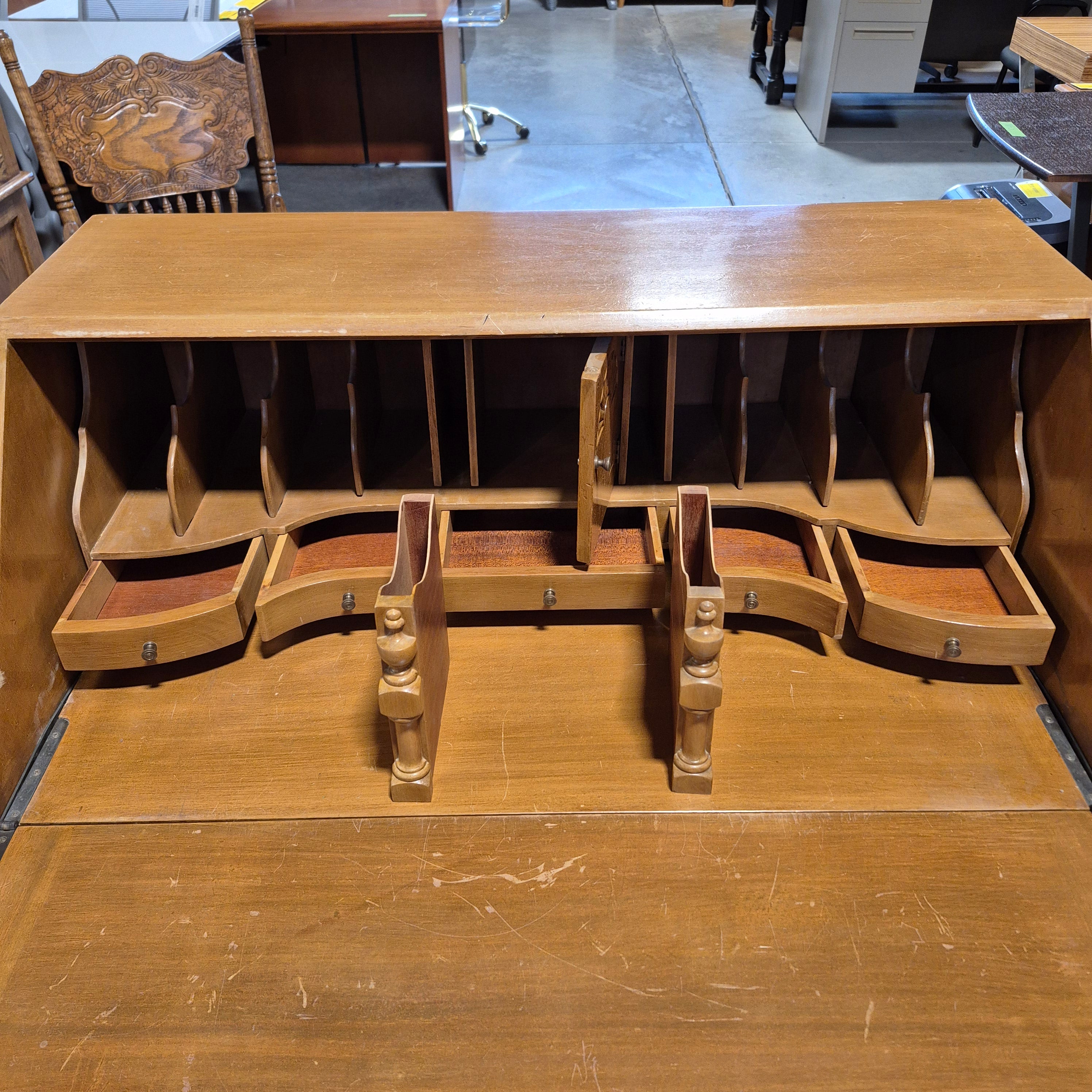 Vintage Maple Carved Wood 4 Drawer Fold Down Secretary Chest Desk 36"x 22"x 41.5"