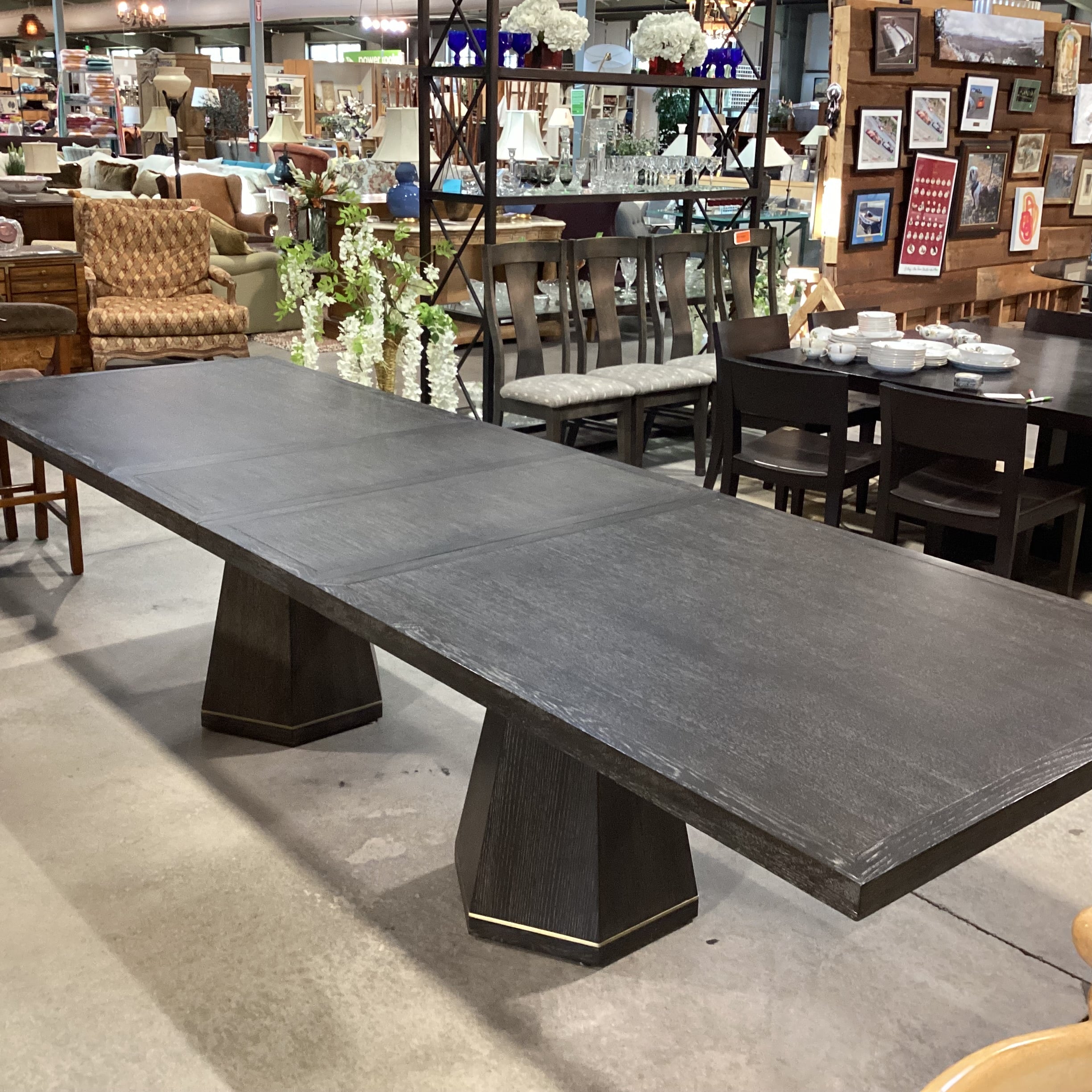 Mitchell Gold & Bob Williams Modern Cerused Charcoal Finish Oak Geometrical Pedestals with Brass Emerson Dining Table 96" to 132"x 42"x 30.5"