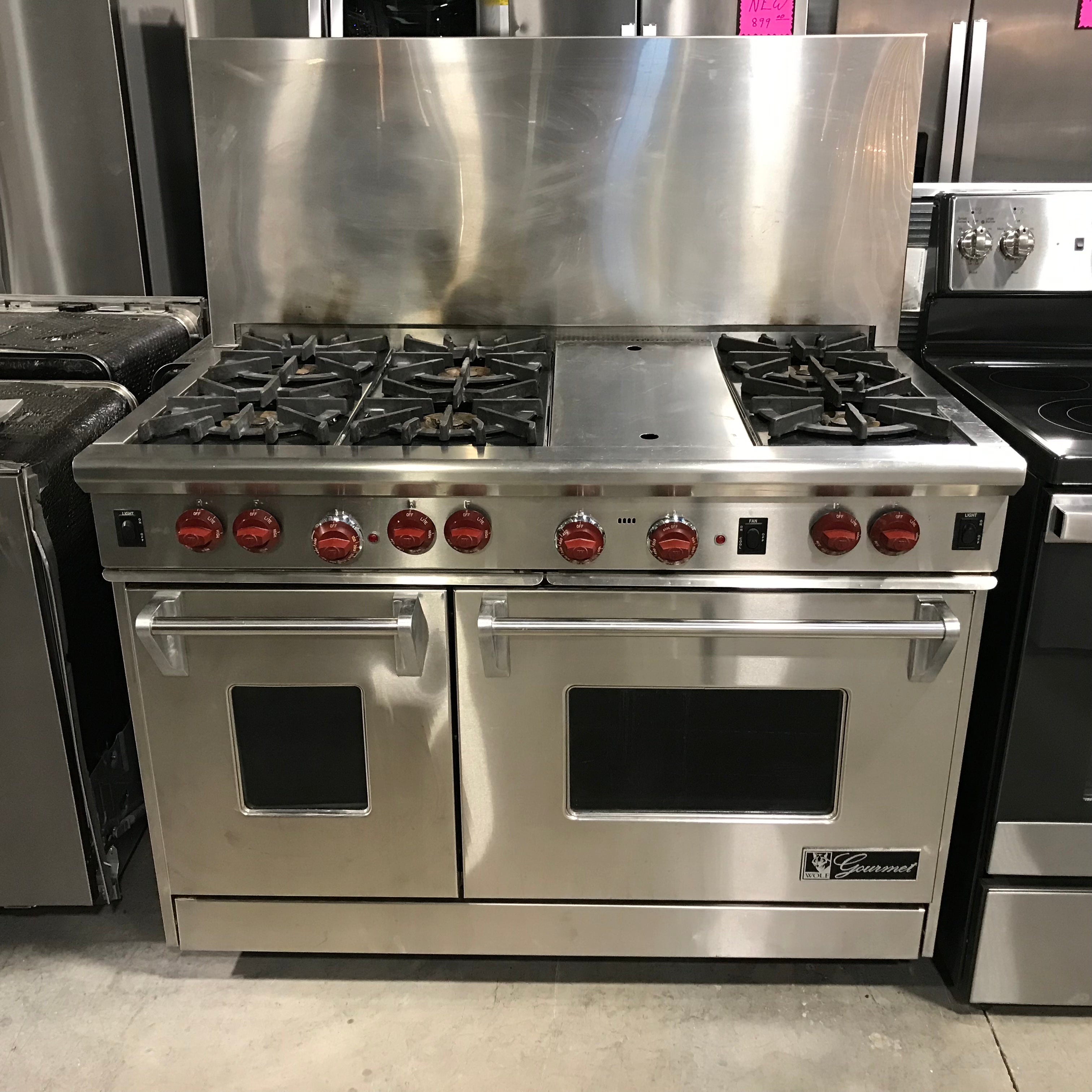 Wolf Stainless Steel, 6 Burner, Griddle, Double Oven Gas Range 48"x 27.5"x 36"