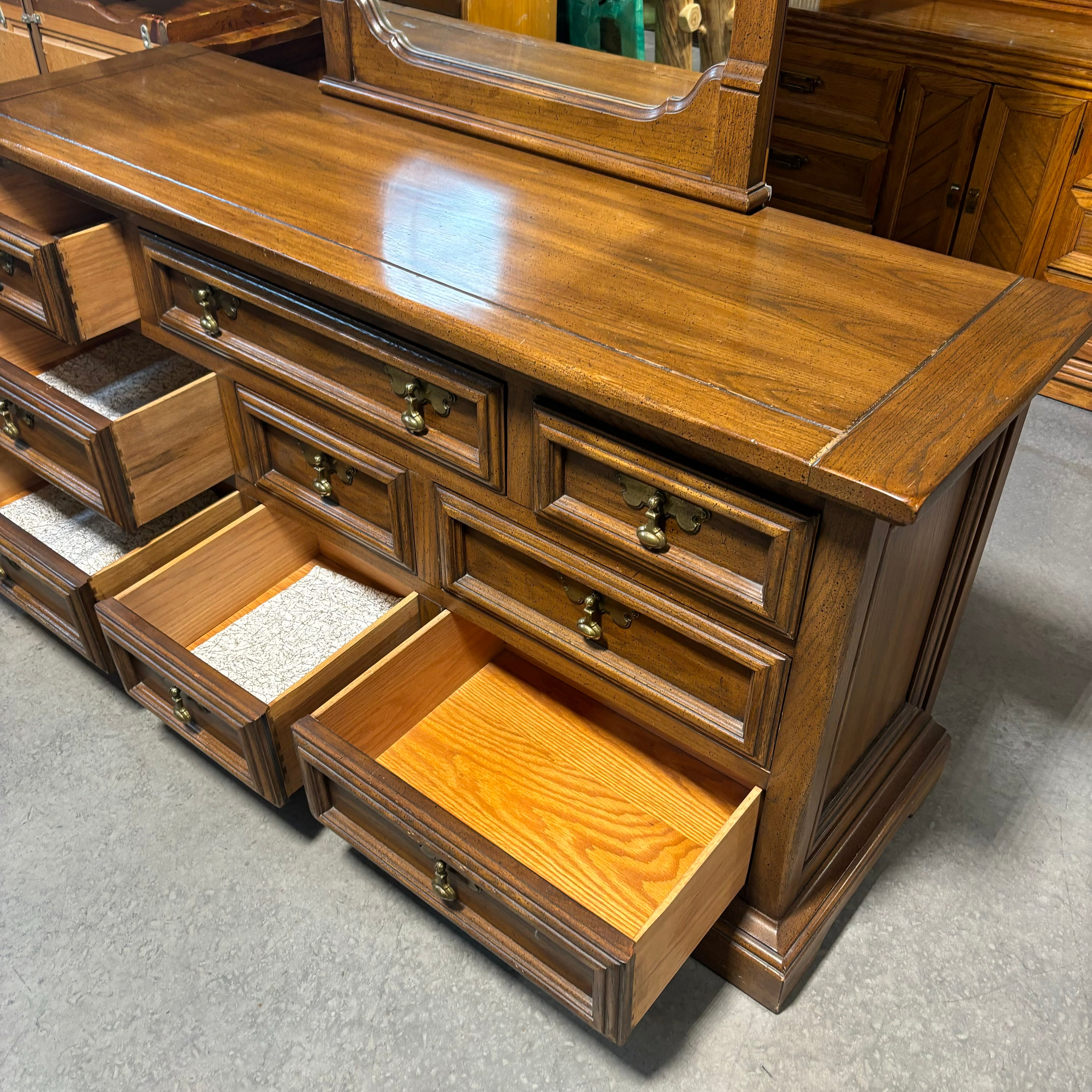 United Furniture Spanish Styl Dark Finish Wood & Brass Tone Handle 9 Drawer with Mirror Dresser 68"x 21"x 85"