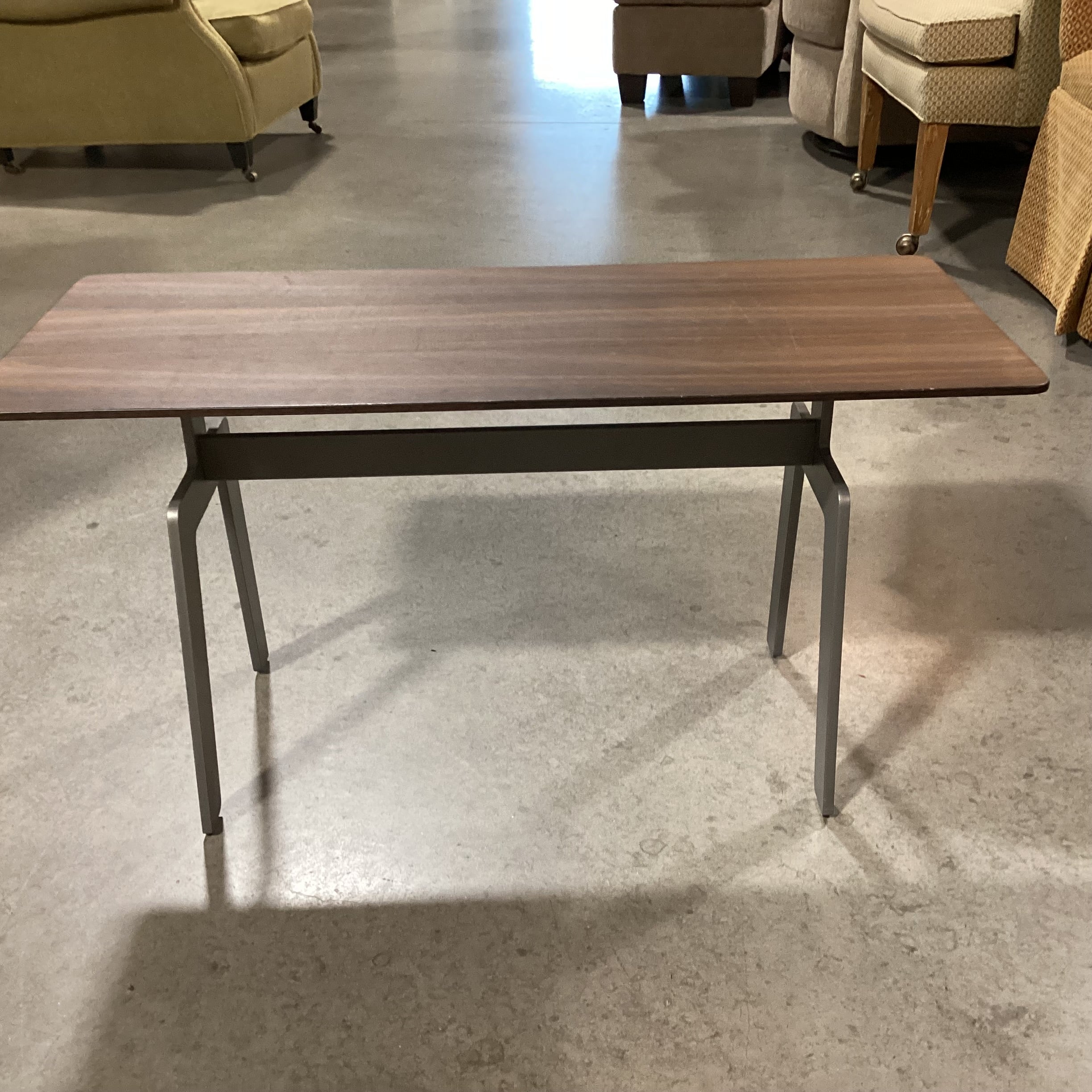 Poliform Italian Modern Walnut Veneer & Grey Steel Trestle Base Coffee Table 34.5"x 14.5"x 18"
