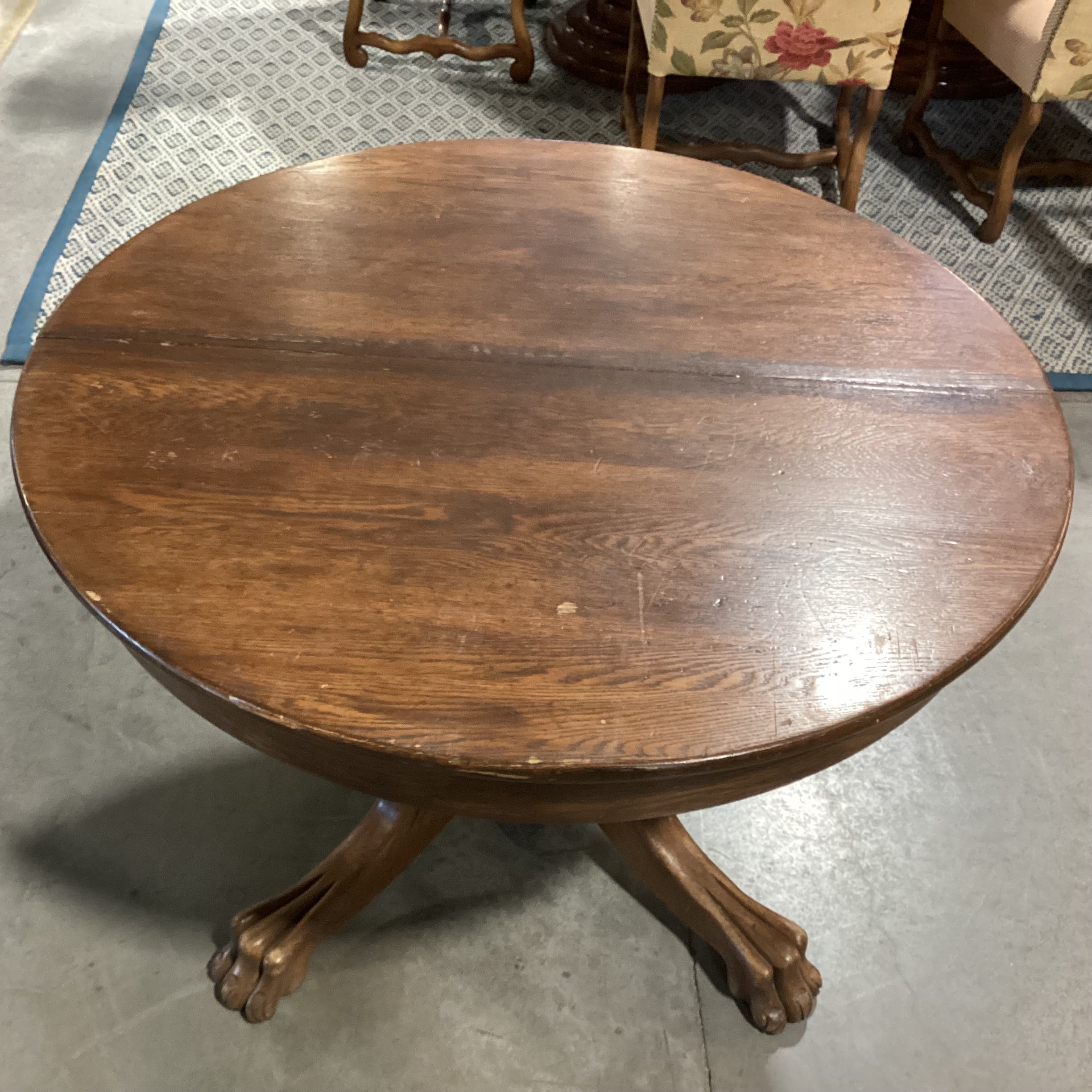 Antique Carved Oak Clawfoot Round Dining Table 42" Diameter x 28"