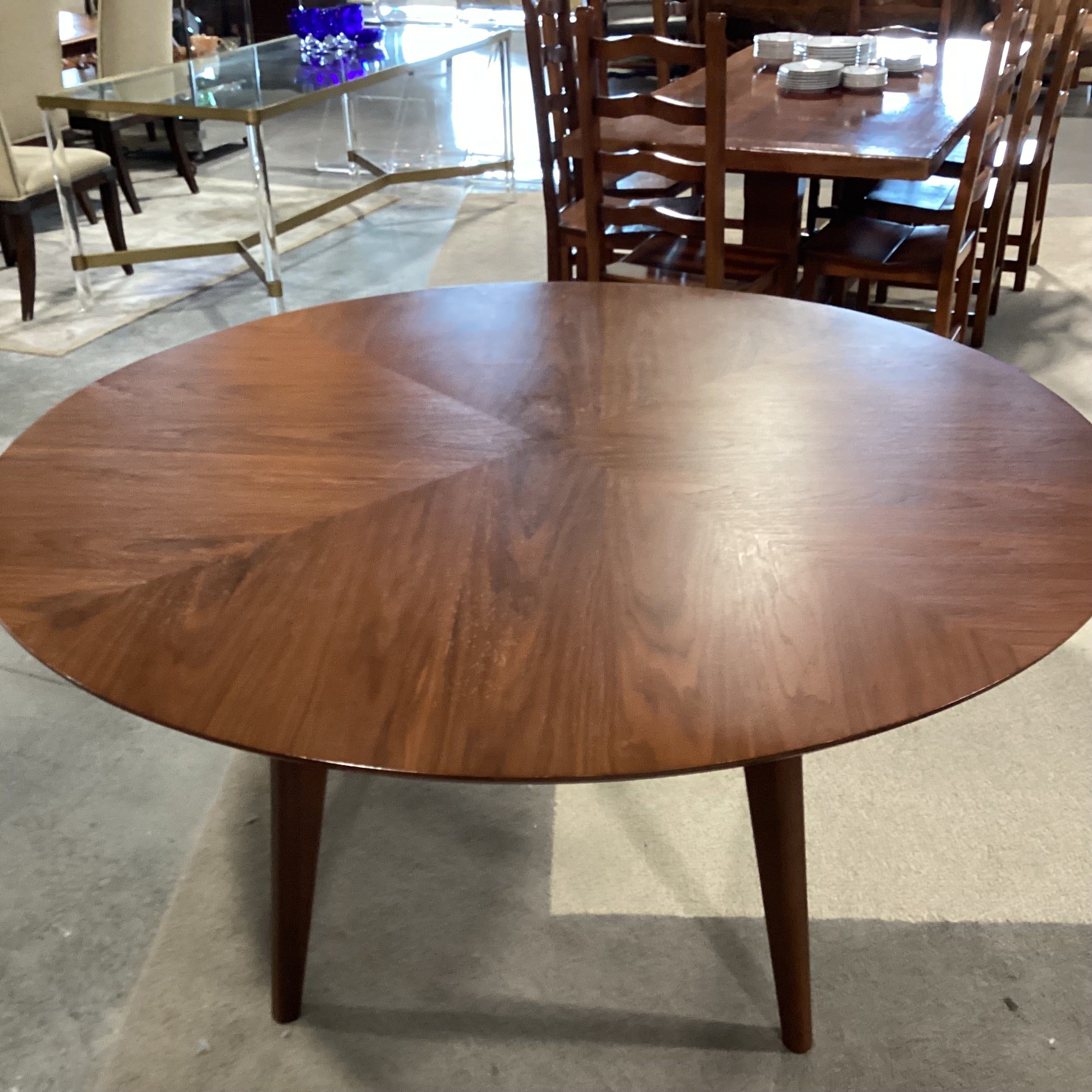 Crate & Barrel Tate Mid Century Style Walnut Finish Round Dining Table 60" Diameter x 30"