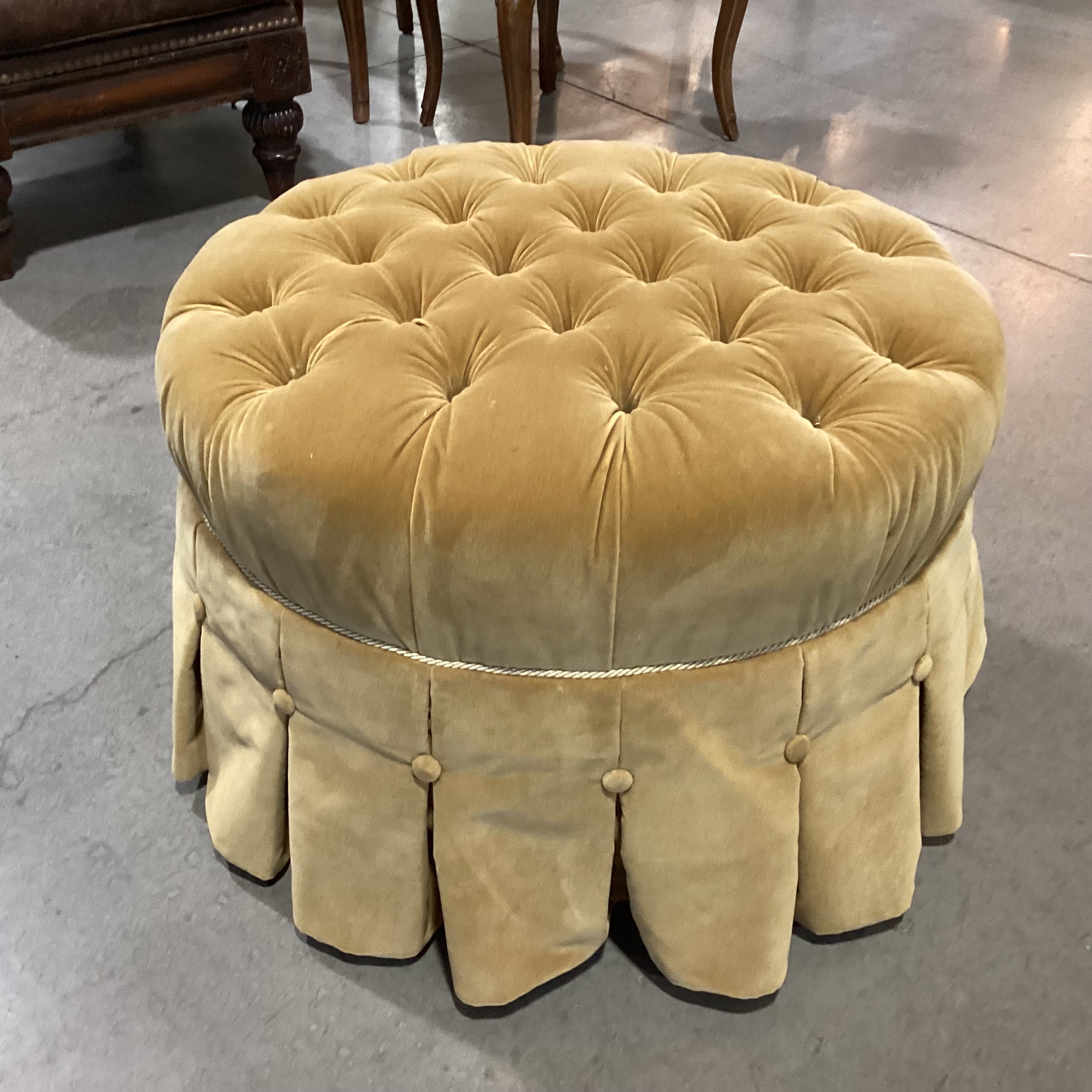 Ethan Allen Gold Velvet Button Tufted & Skirt Round Ottoman 28" Diameter x 18"