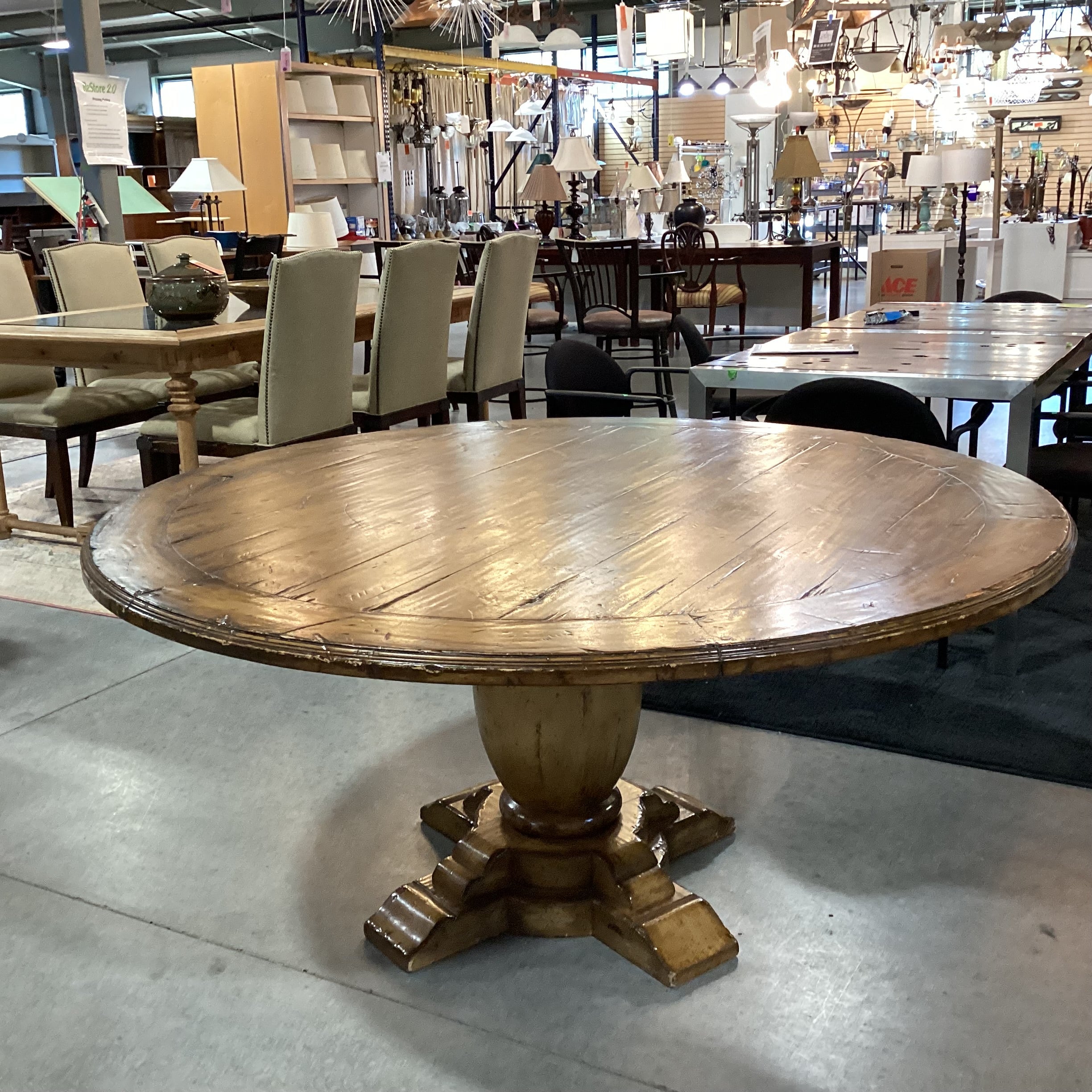 Light Distressed Wood with Pedestal Round Dining Table 62" Diameter x 29.5"